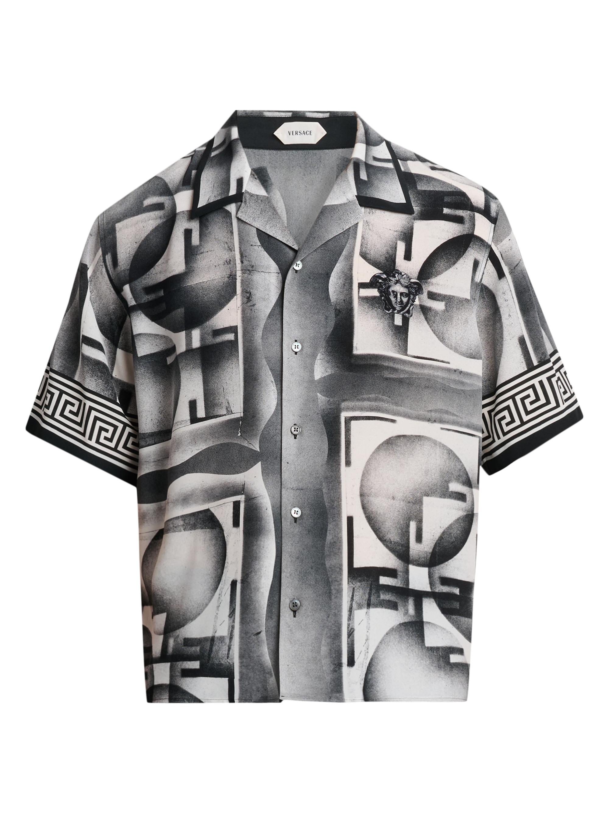 Versace Men's Deco Greca Silk Camp Shirt - Black White - Women's Clothing