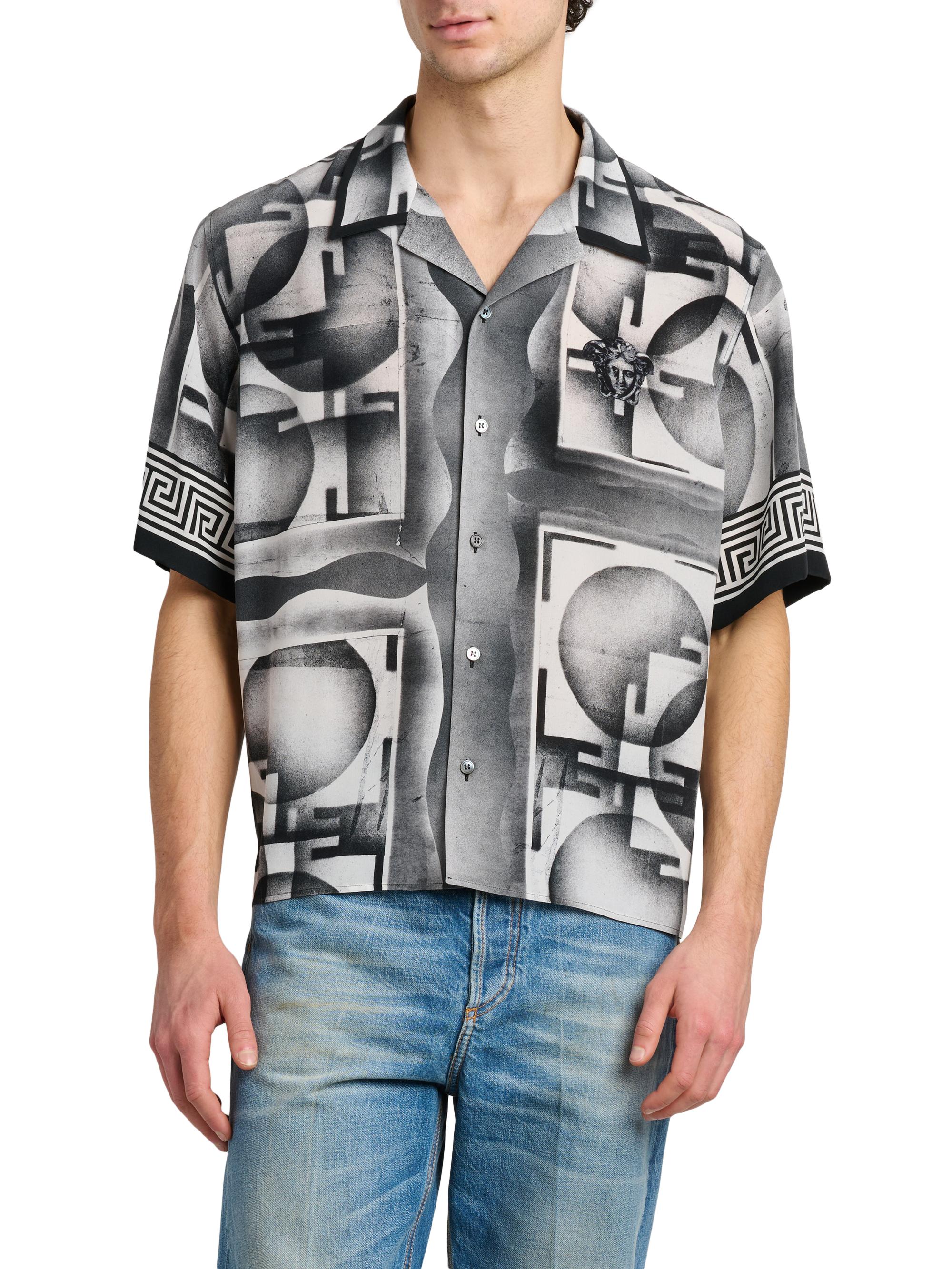 Versace Men's Deco Greca Silk Camp Shirt - Black White | Thumbnail 3