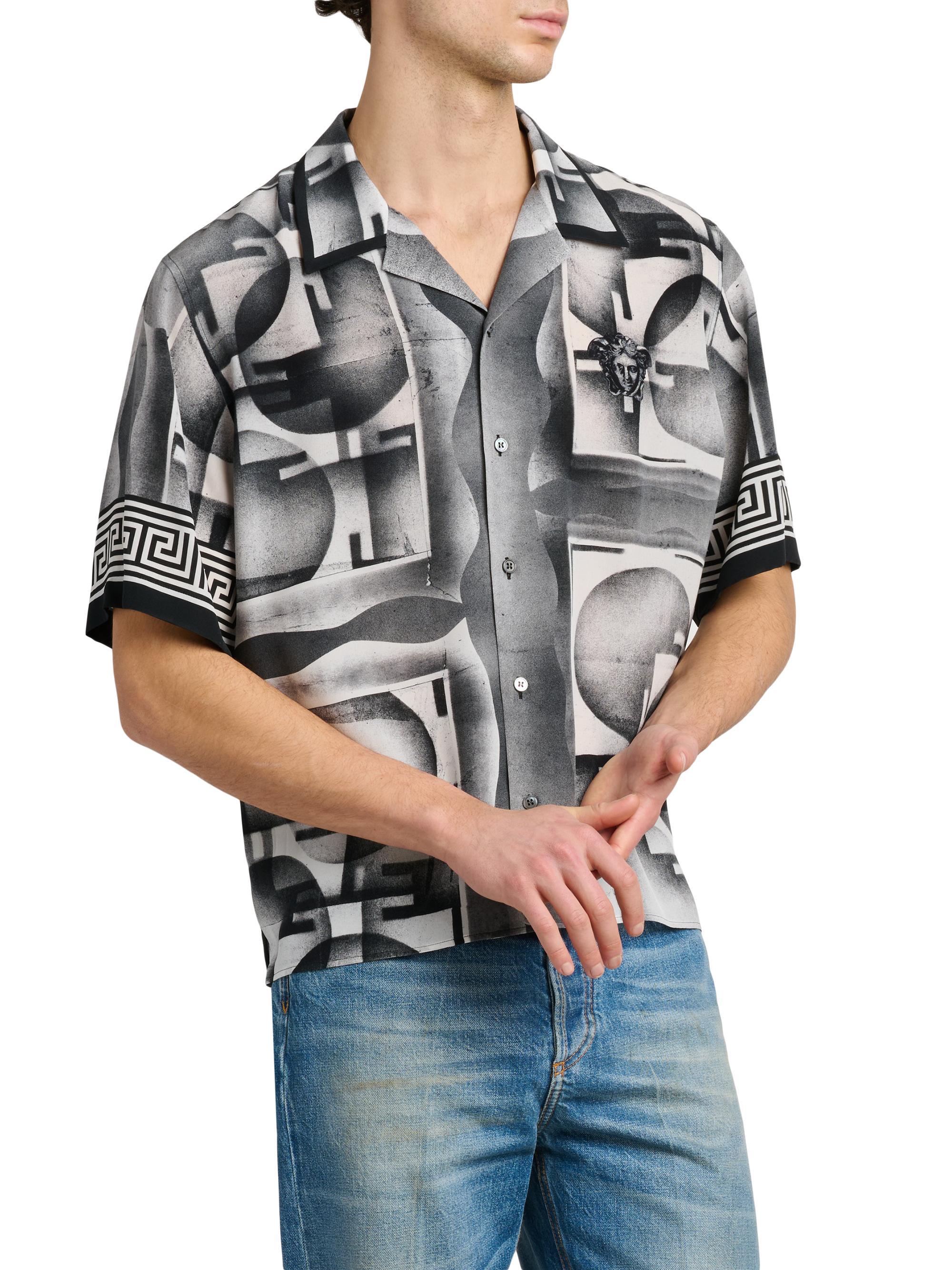 Versace Men's Deco Greca Silk Camp Shirt - Black White | Thumbnail 4