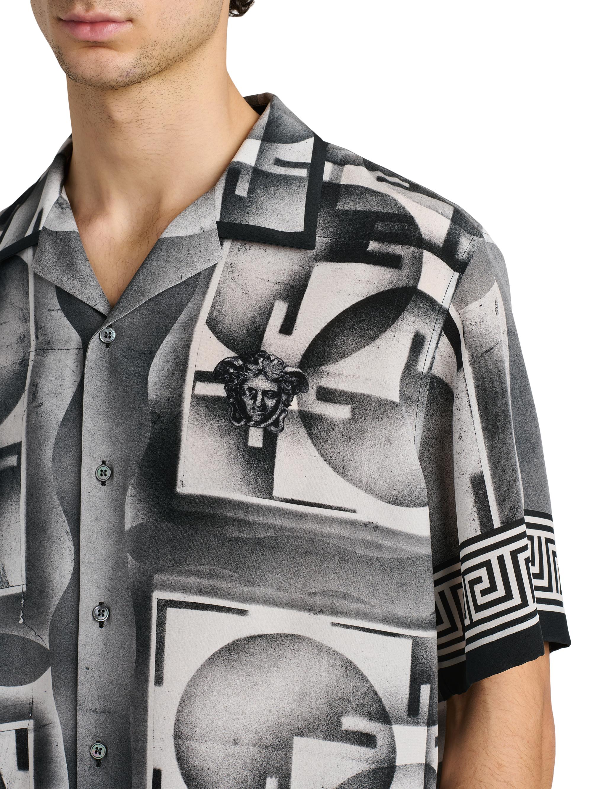 Versace Men's Deco Greca Silk Camp Shirt - Black White | Thumbnail 6