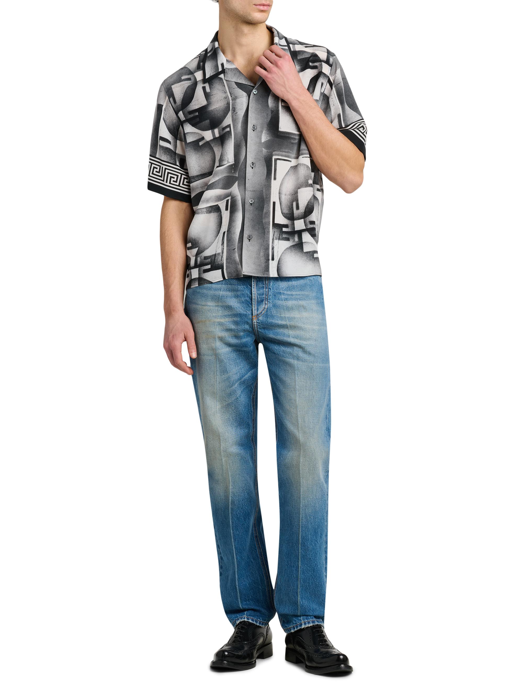 Versace Men's Deco Greca Silk Camp Shirt - Black White | Thumbnail 2