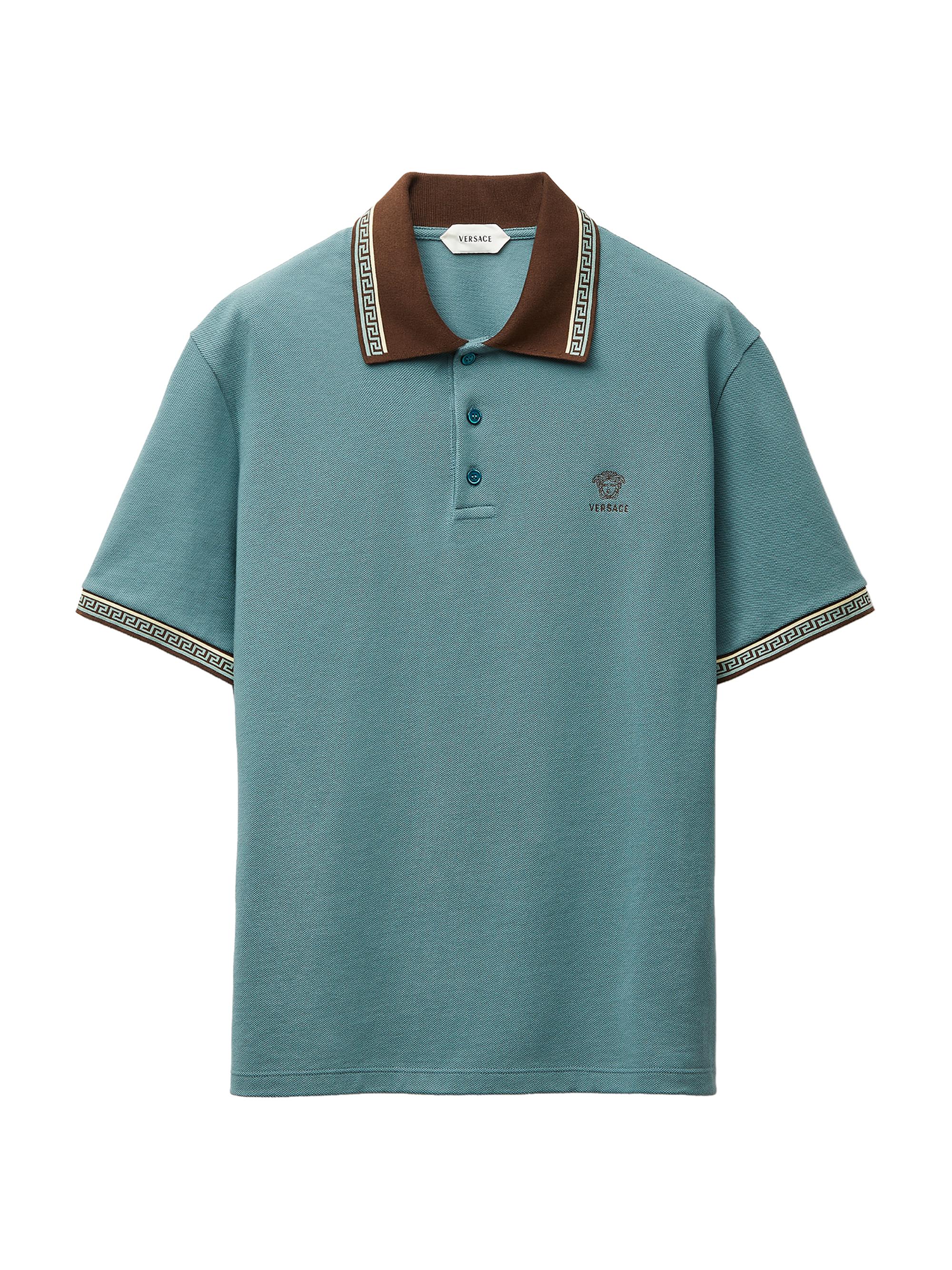 Versace Men's Greca Medusa-Embroidered Cotton Piqué Polo Shirt - Dark Sage Brown - Men's Clothing
