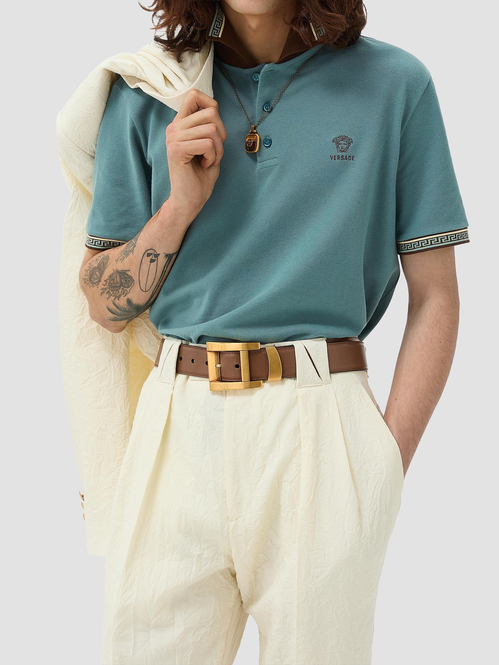 Versace Men's Greca Medusa-Embroidered Cotton Piqué Polo Shirt - Dark Sage Brown | Thumbnail 2