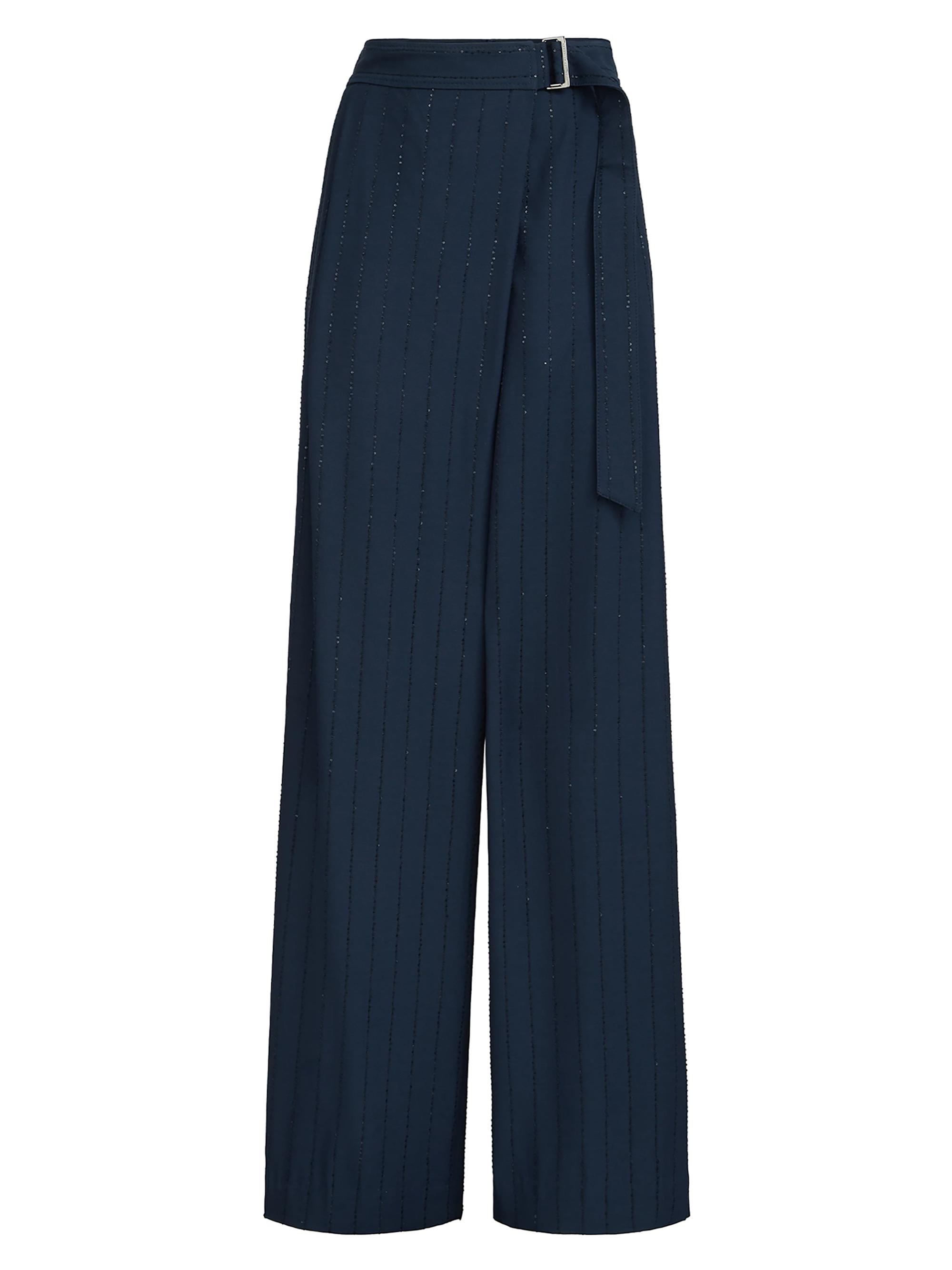 Brunello Cucinelli Women's Dazzling Chalkstripe Sartorial Wrap Trousers with Monili - Blue