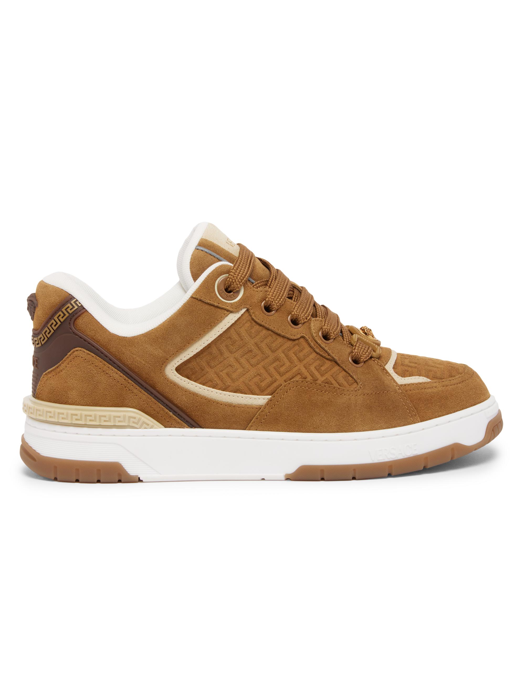 Versace Men's Biggie Basket Suede Low-Top Sneakers - Whiskey Beigeburned Gold 6