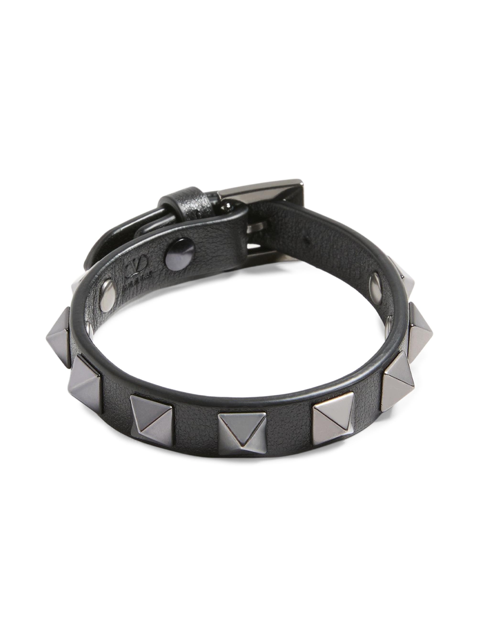 Valentino Garavani Men's Rockstud Leather Bracelet with Ruthenium Studs - Black