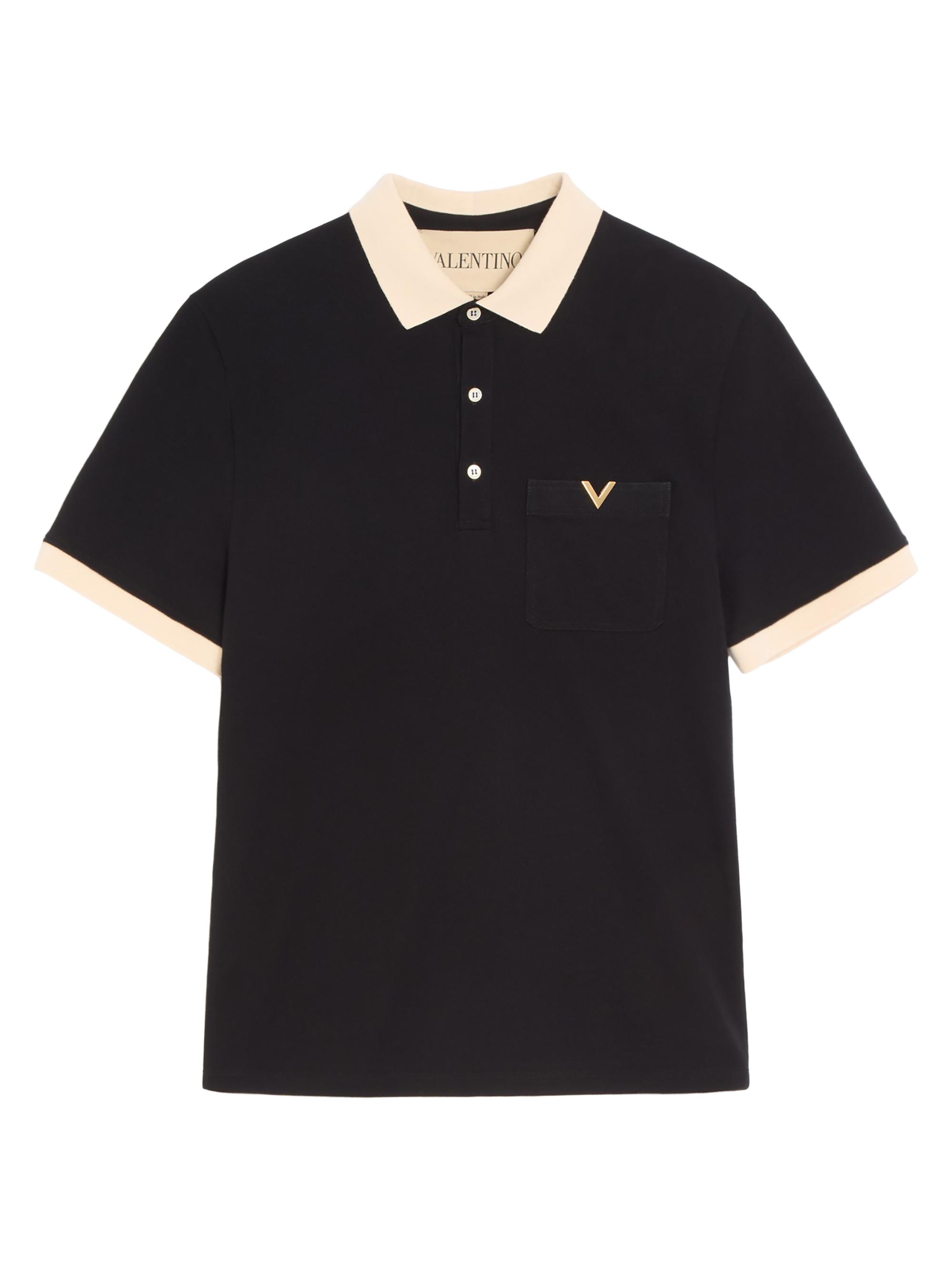 Valentino Garavani Men's Polo Shirt in Cotton Piquet with VGold - Black Butter