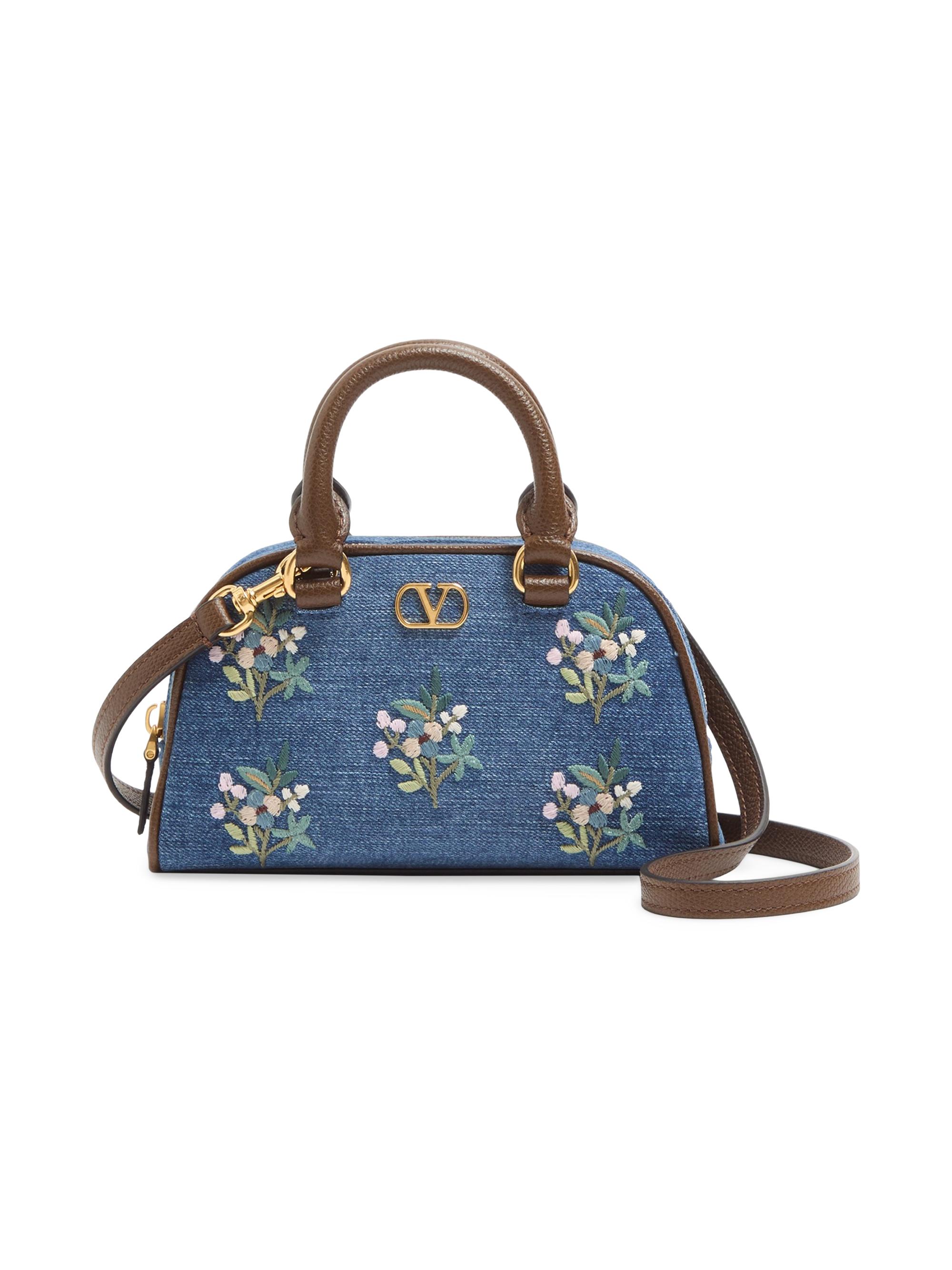 Valentino Garavani Women's VLogo Signature Mini Top-Handle Bag in Denim with Floral Embroidery - Denim