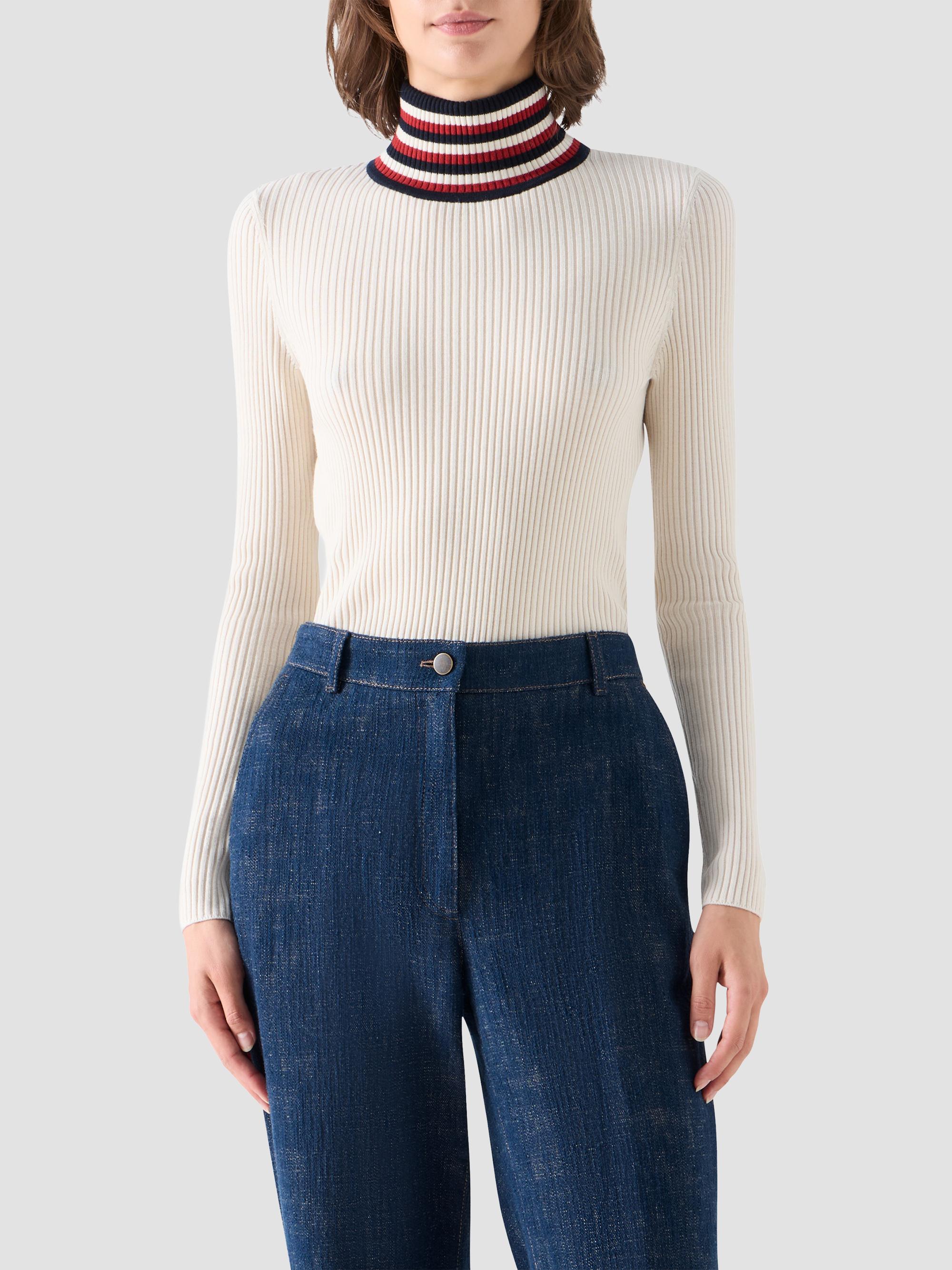 Akris punto Women's Stripe Mock Turtleneck Wool Sweater - Cream Navy Rusty Red | Thumbnail 4