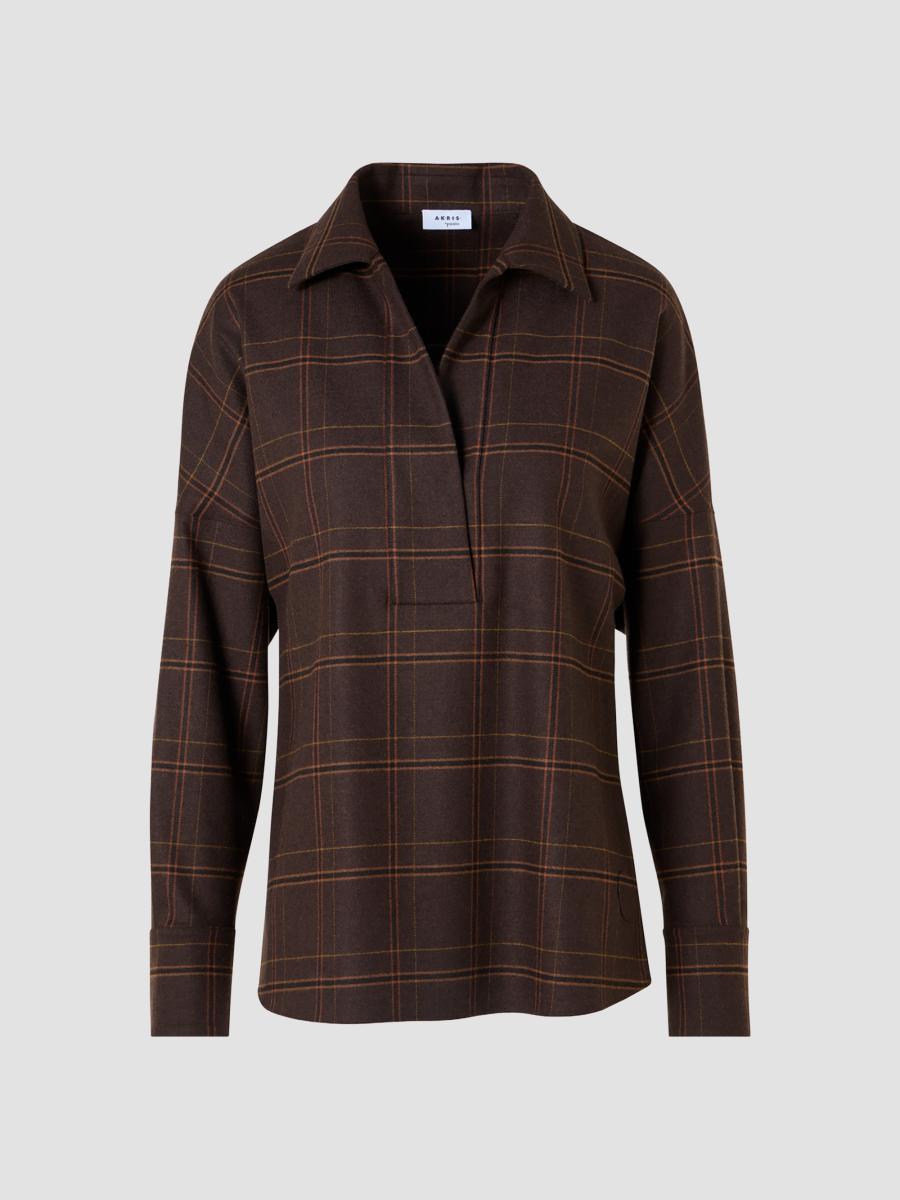 Akris Punto Women's Blanket Checked Wool-blend Flannel Blouse In Espresso Caramel