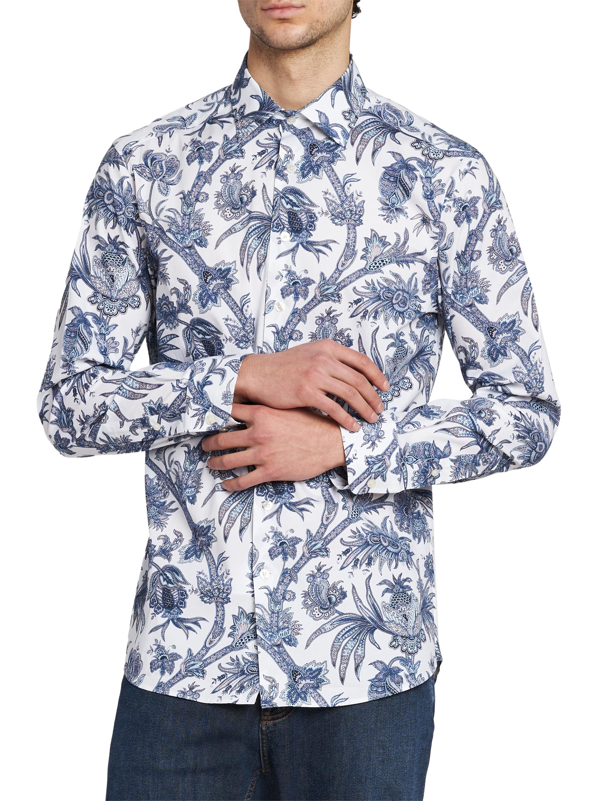 Etro Men's Multi-Floral Print Stretch Cotton Shirt - Print On White Base | Thumbnail 3