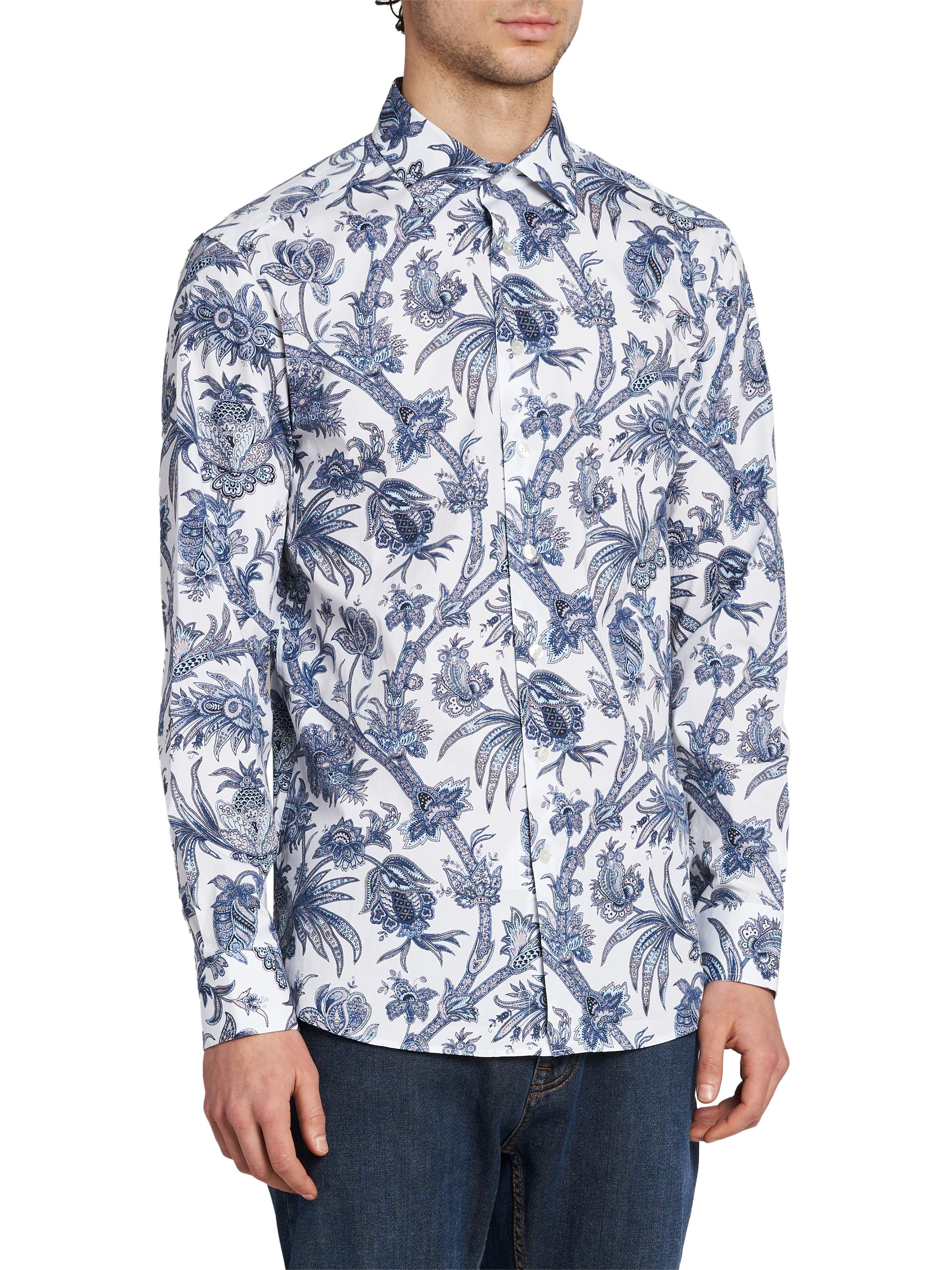 Etro Men's Multi-Floral Print Stretch Cotton Shirt - Print On White Base | Thumbnail 4