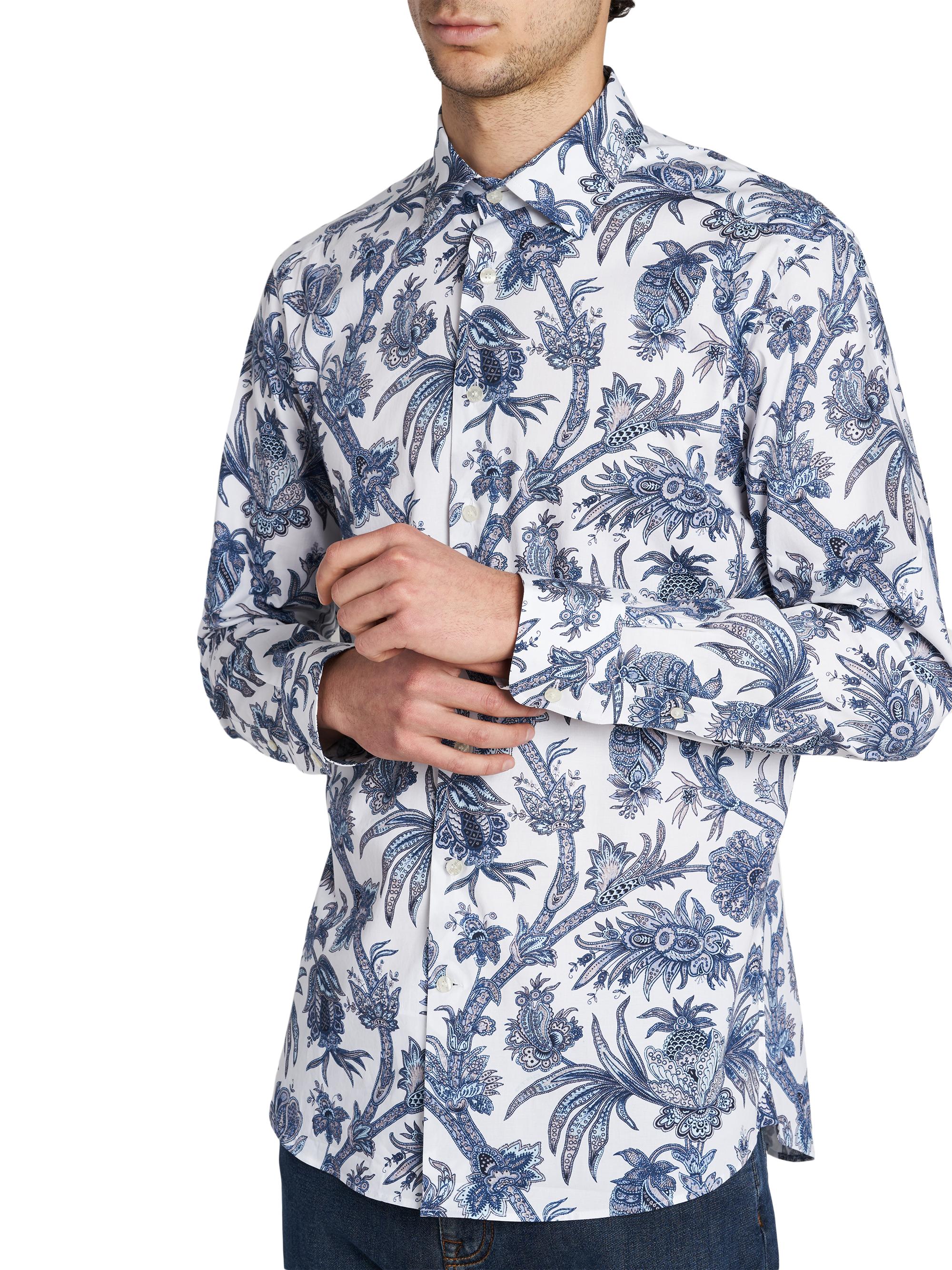 Etro Men's Multi-Floral Print Stretch Cotton Shirt - Print On White Base | Thumbnail 6