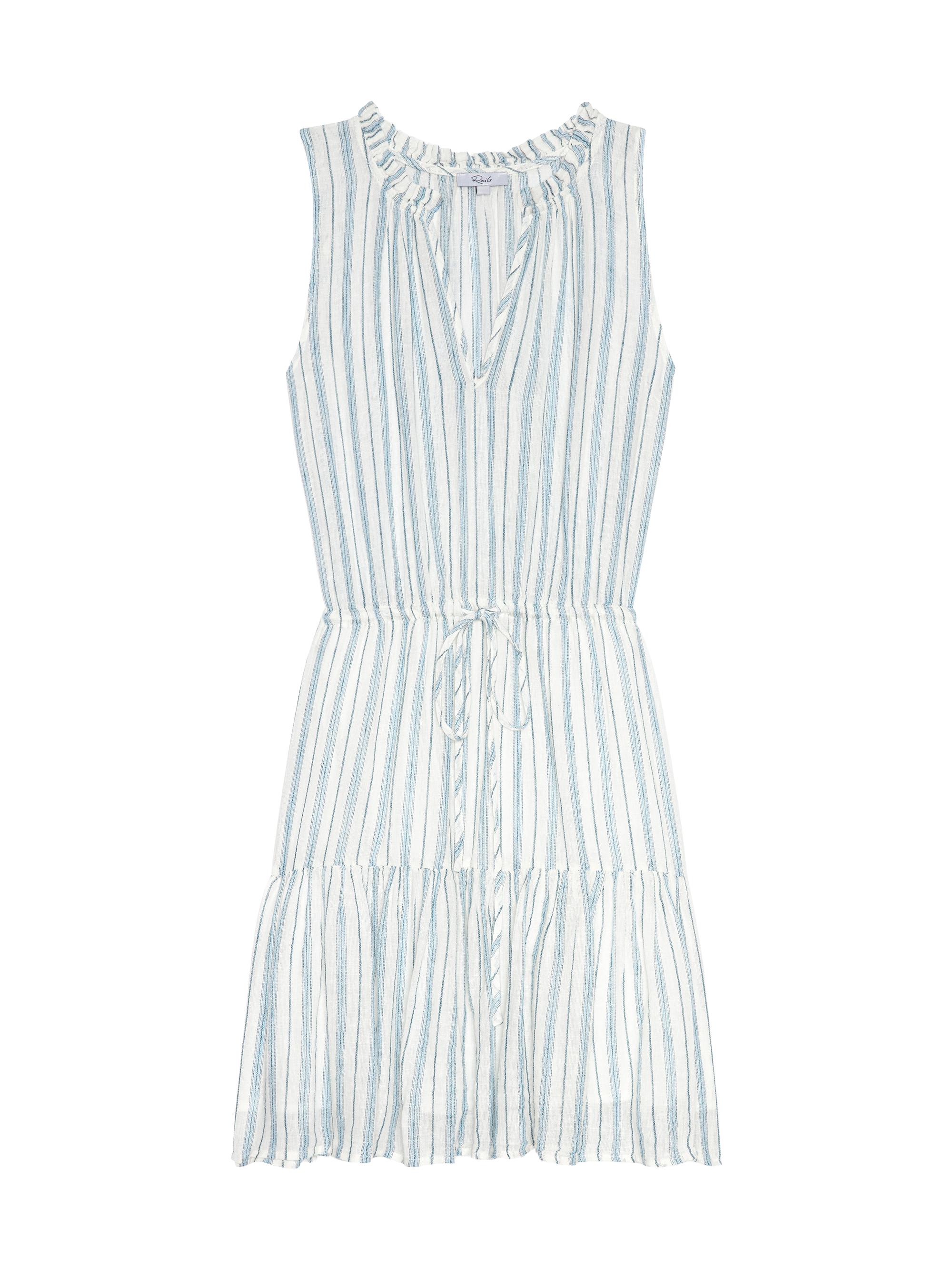 knee length dresses for ladies Carob Printed Linen Mini Dress in Cream/Green Stripe
