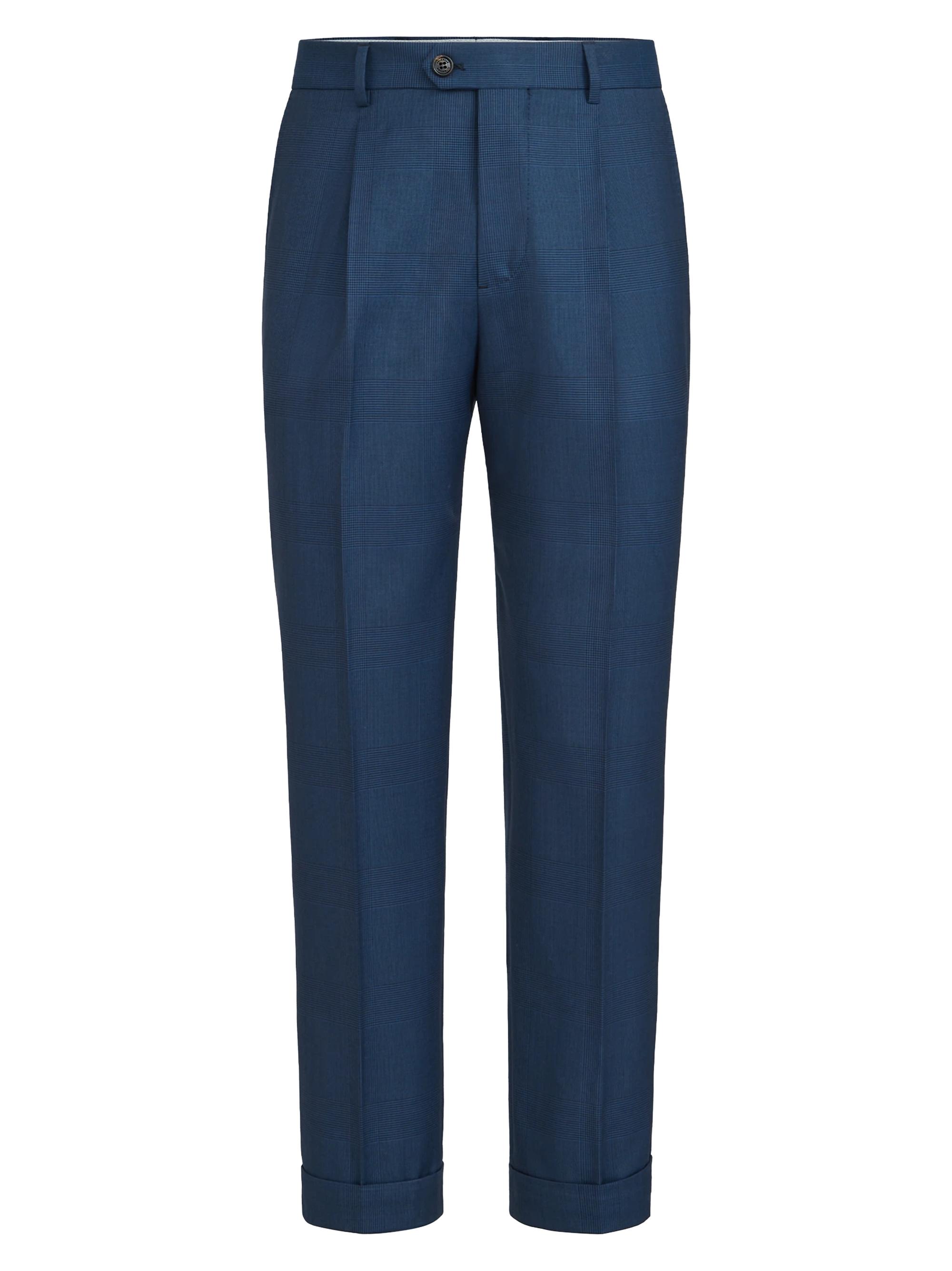 Brunello Cucinelli Men's Virgin Wool Prince of Wales Trousers with Pleats - Blue