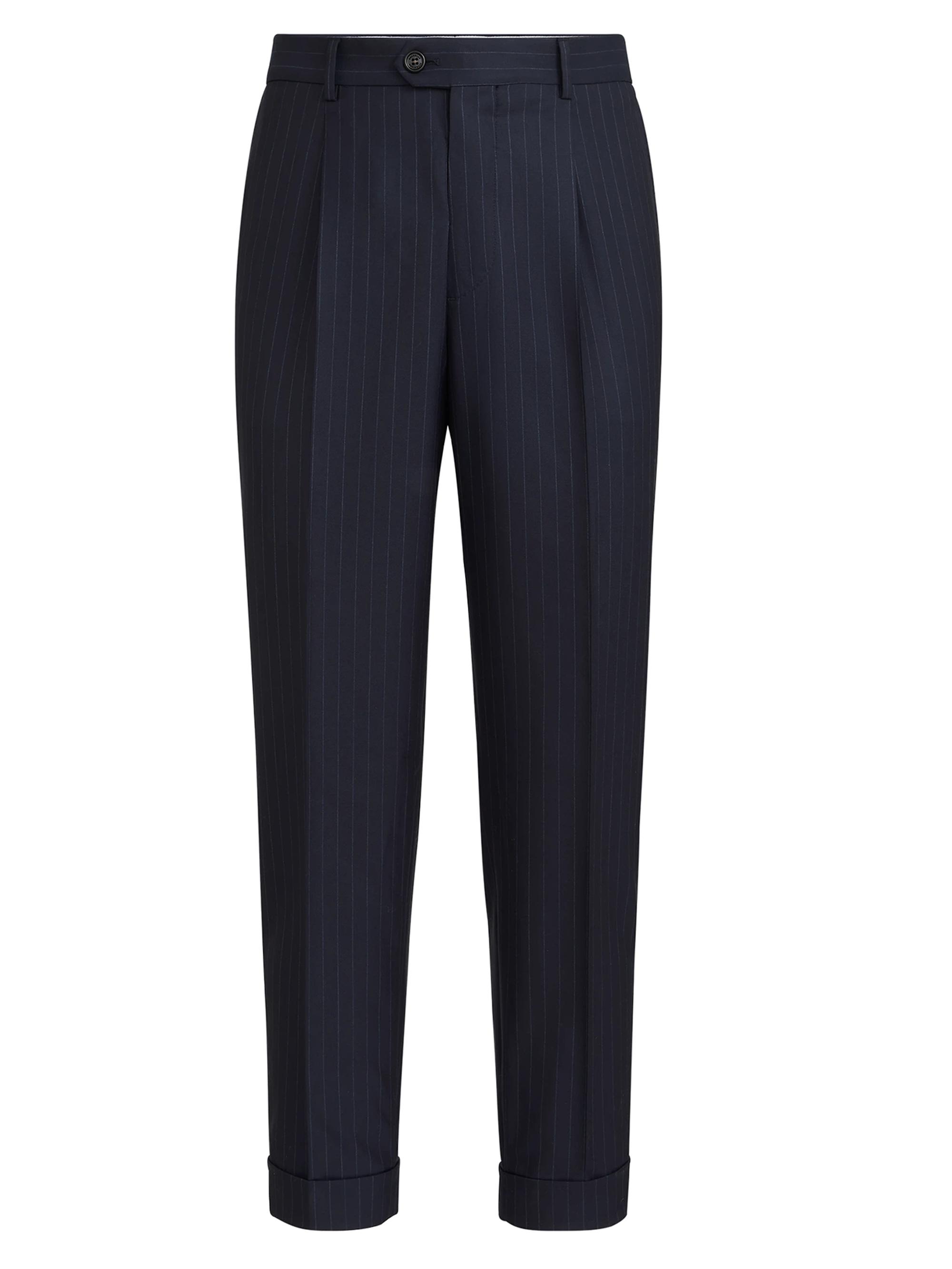 Brunello Cucinelli Men's Virgin Wool Chalk Stripe Batavia Trousers with Pleats - Navy Blue