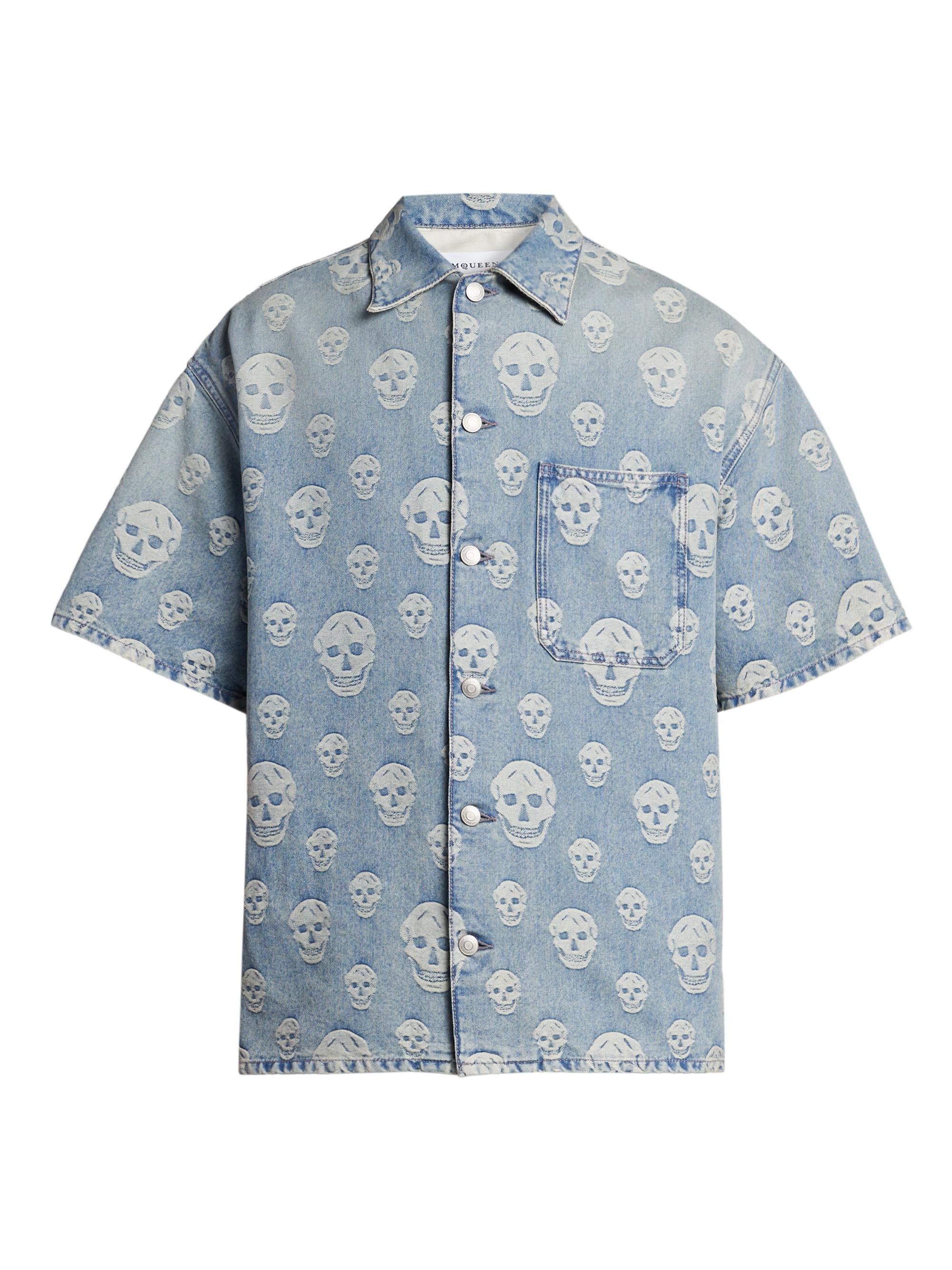 McQueen Men's Skull Denim Camp Shirt - Blue Washed