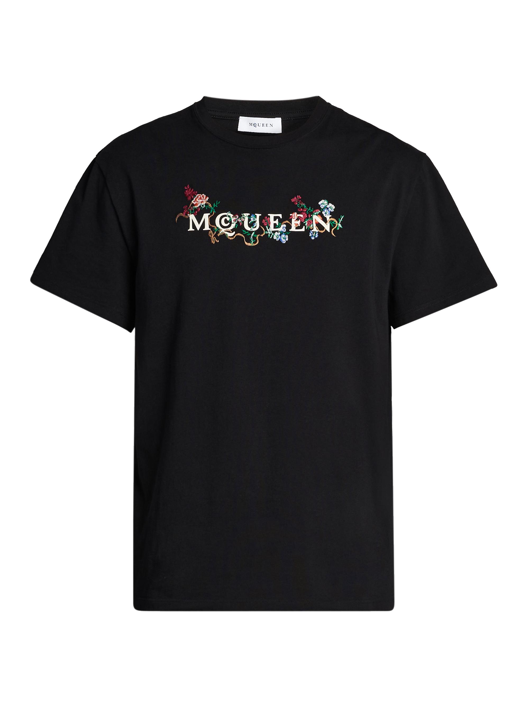 McQueen Men's Floral-Embroidered Logo Crewneck T-Shirt - Black Multi Colour