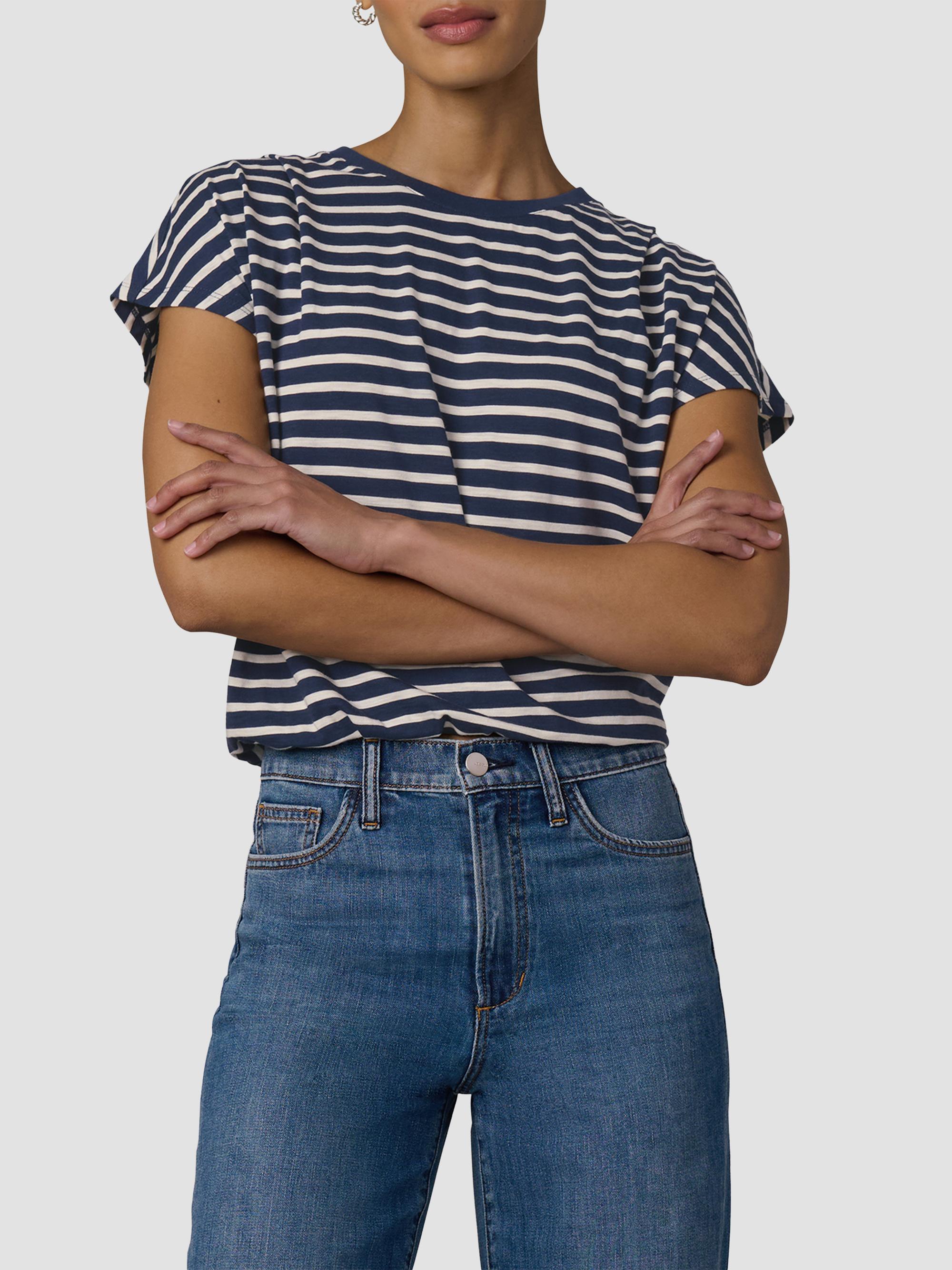 Joe's Jeans Women's The Bubble Striped Cotton-Blend T-Shirt - Navy Ecru Stripe | Thumbnail 4