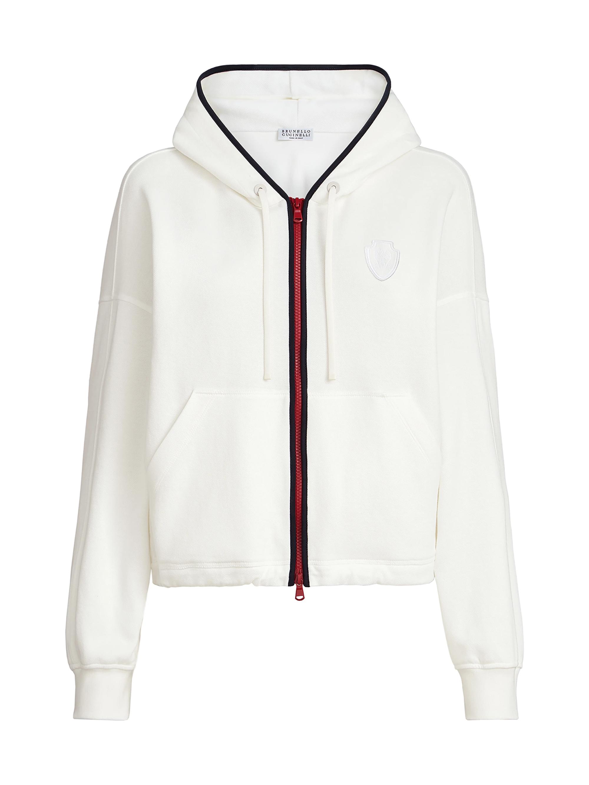 Brunello Cucinelli Women's Techno Cotton Piqué Hooded Sweatshirt with Logo - White
