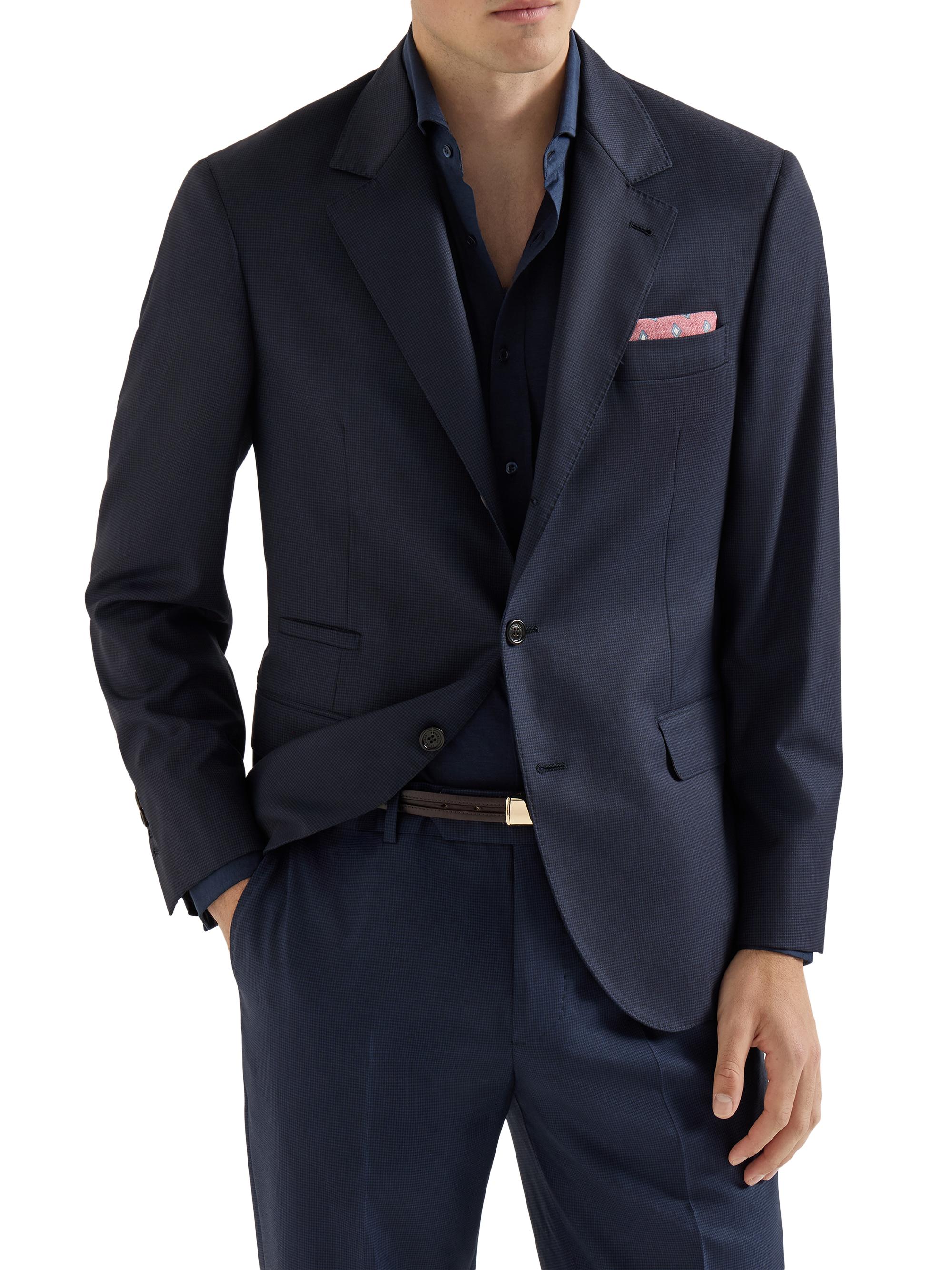 Brunello Cucinelli Men's Virgin Wool Houndstooth Blazer Jacket - Navy Blue