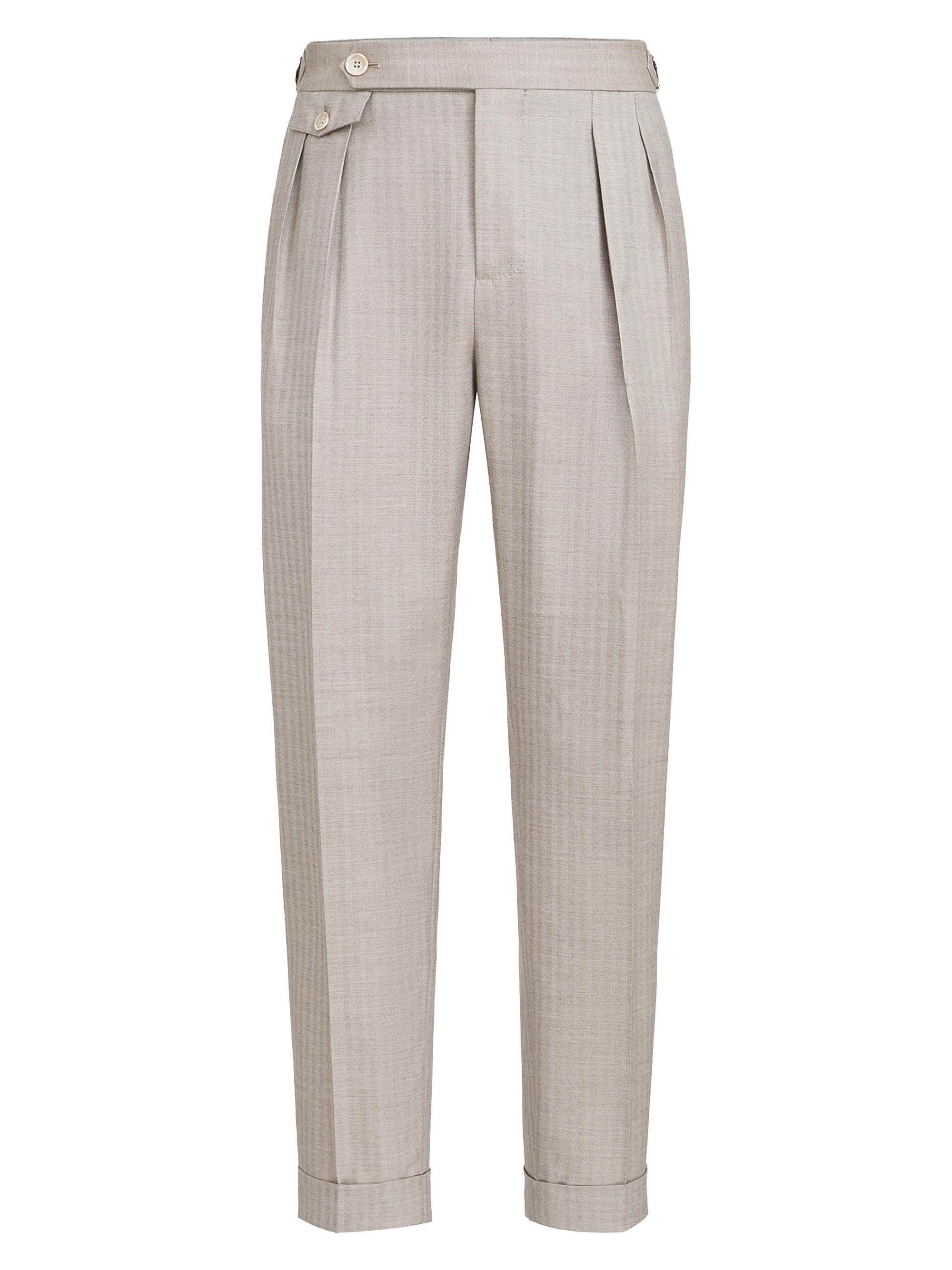 Brunello Cucinelli Men's Cashmere and Silk Chevron Trousers with Double Pleats and Waist Tabs - Light Grey