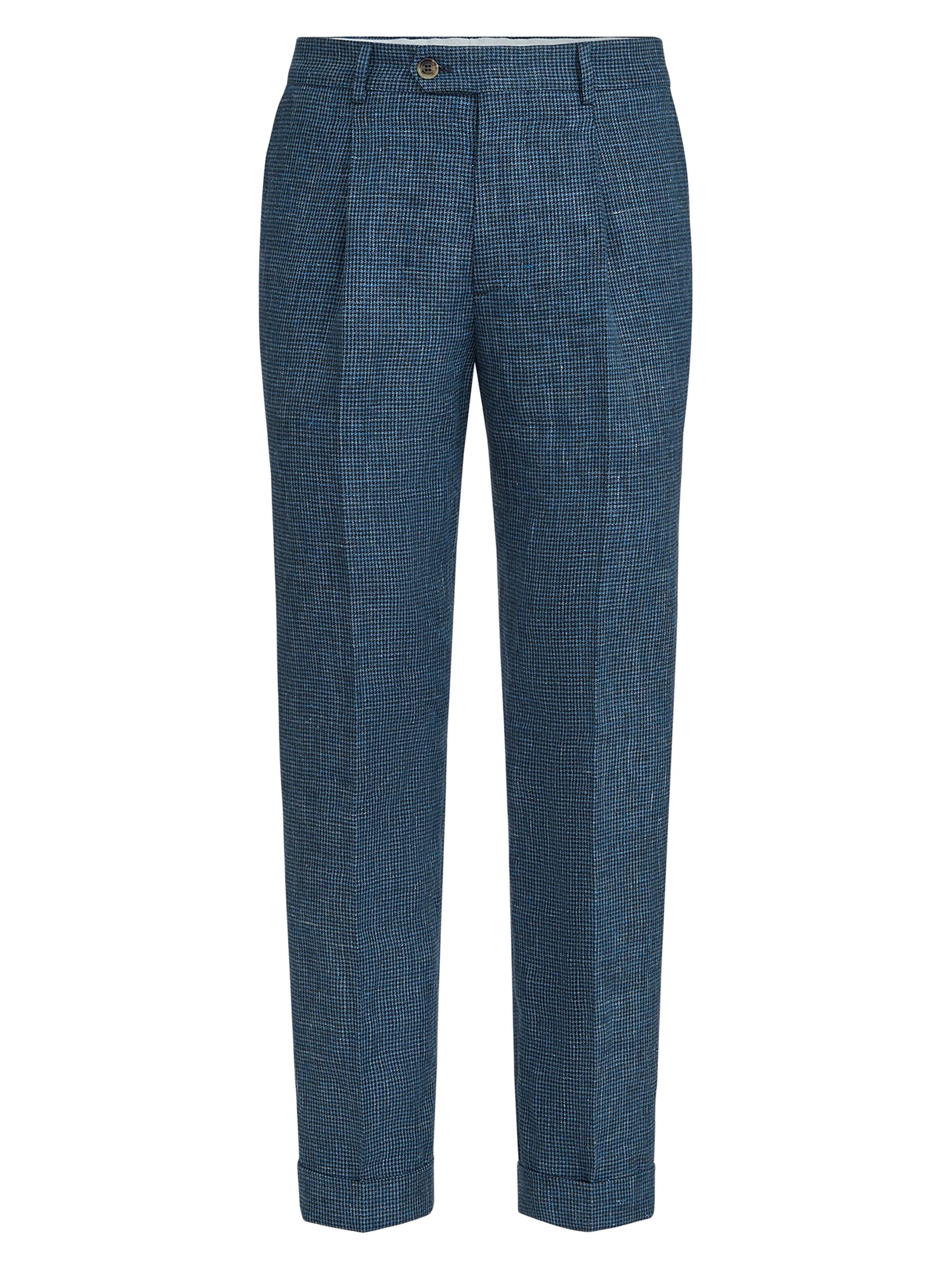 Brunello Cucinelli Men's Linen Houndstooth Trousers with Pleats - Denim