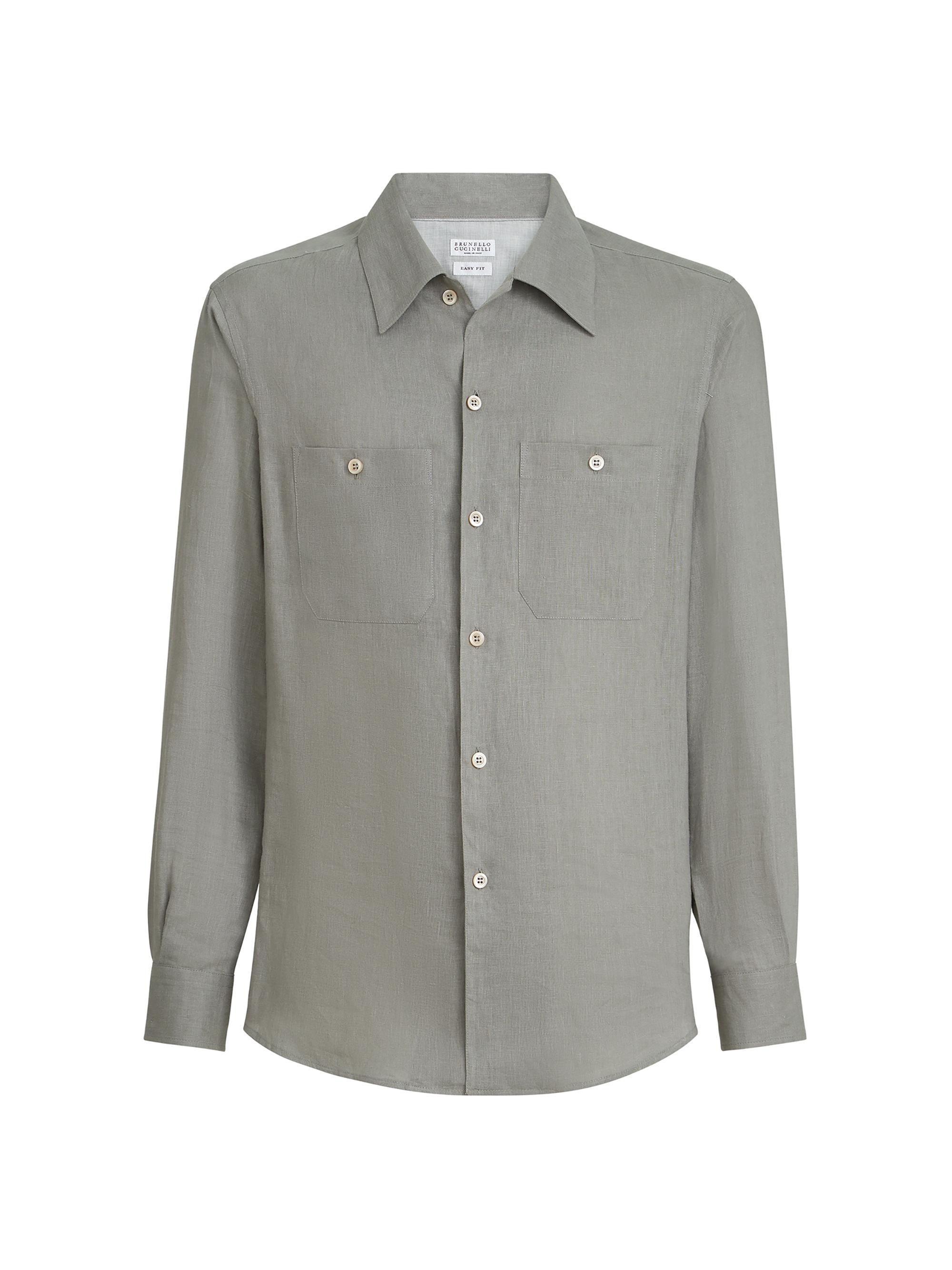 Brunello Cucinelli Men's Linen Easy Fit Shirt with Chest Pockets - Khaki