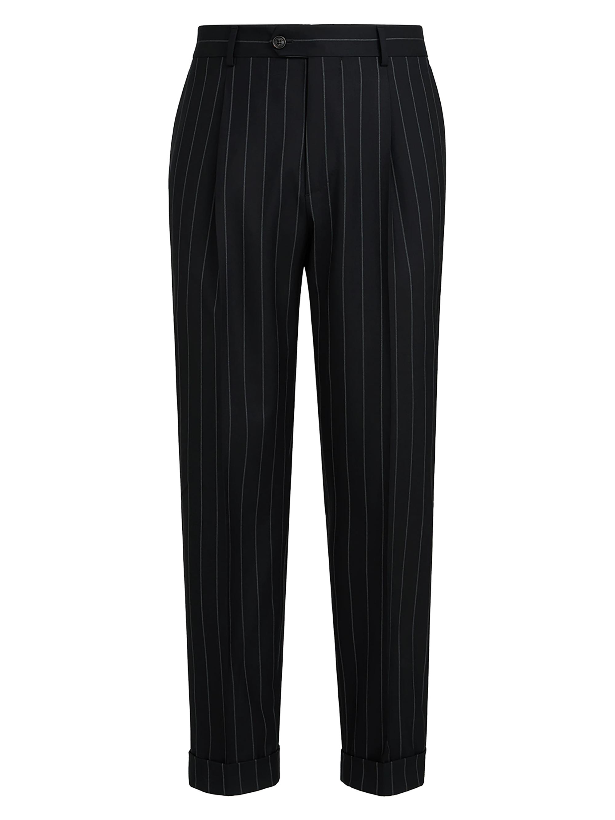 Brunello Cucinelli Men's Super 150s Virgin Wool Wide Chalk Stripe Batavia Trousers with Pleats - Black