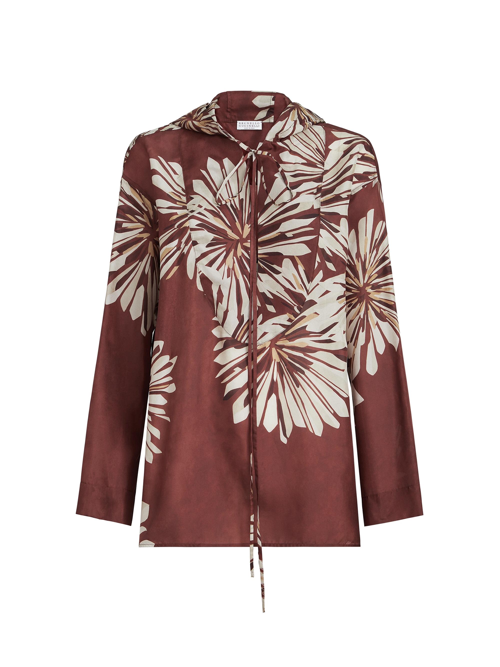 Brunello Cucinelli Women's Silk Bloom Print Pongee Shirt with Hood - Bordeaux