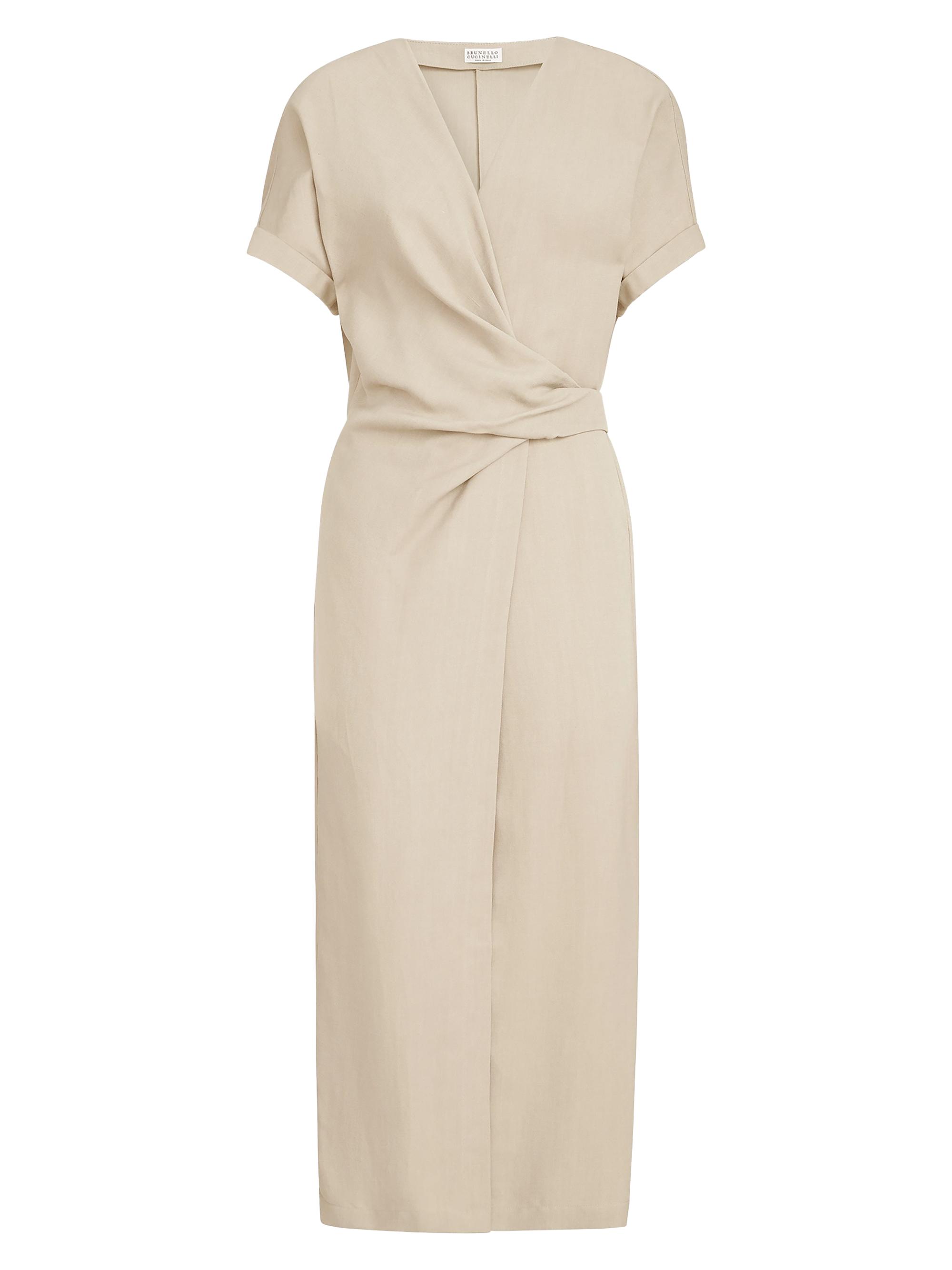 Brunello Cucinelli Women's Viscose and Linen Fluid Twill Wrap Effect Dress with Monili - Beige