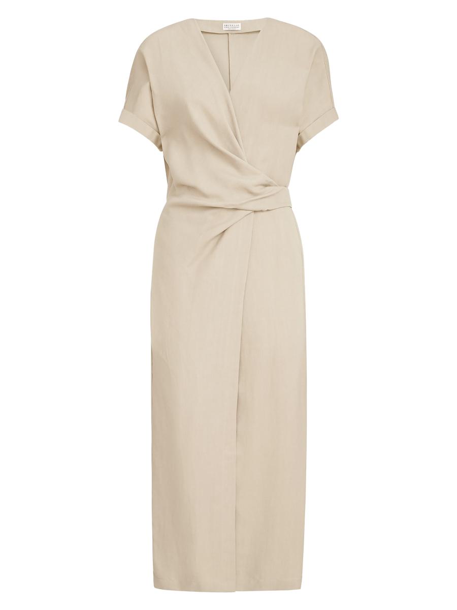 Brunello Cucinelli Women's Viscose And Linen Fluid Twill Wrap Effect Dress With Monili In Sand