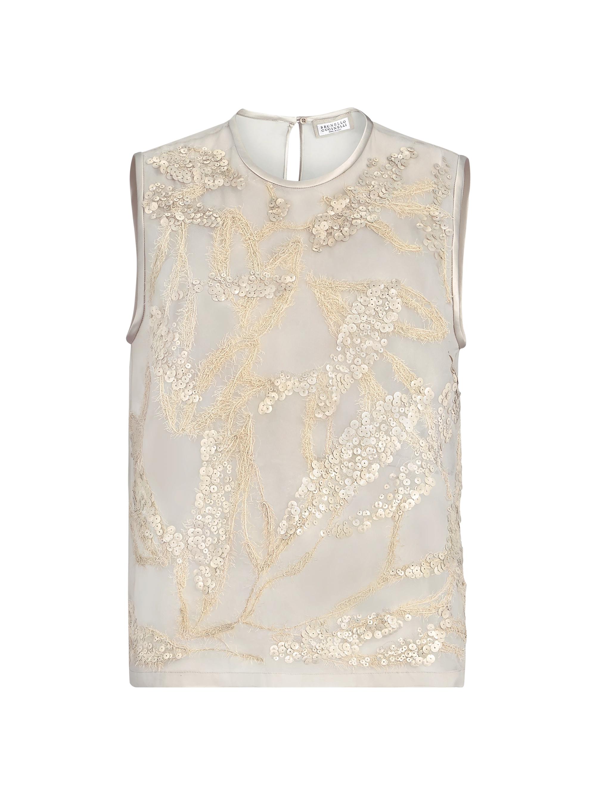 Brunello Cucinelli Women's Crispy Silk Top with Dazzling Seabed Embroidery - Beige