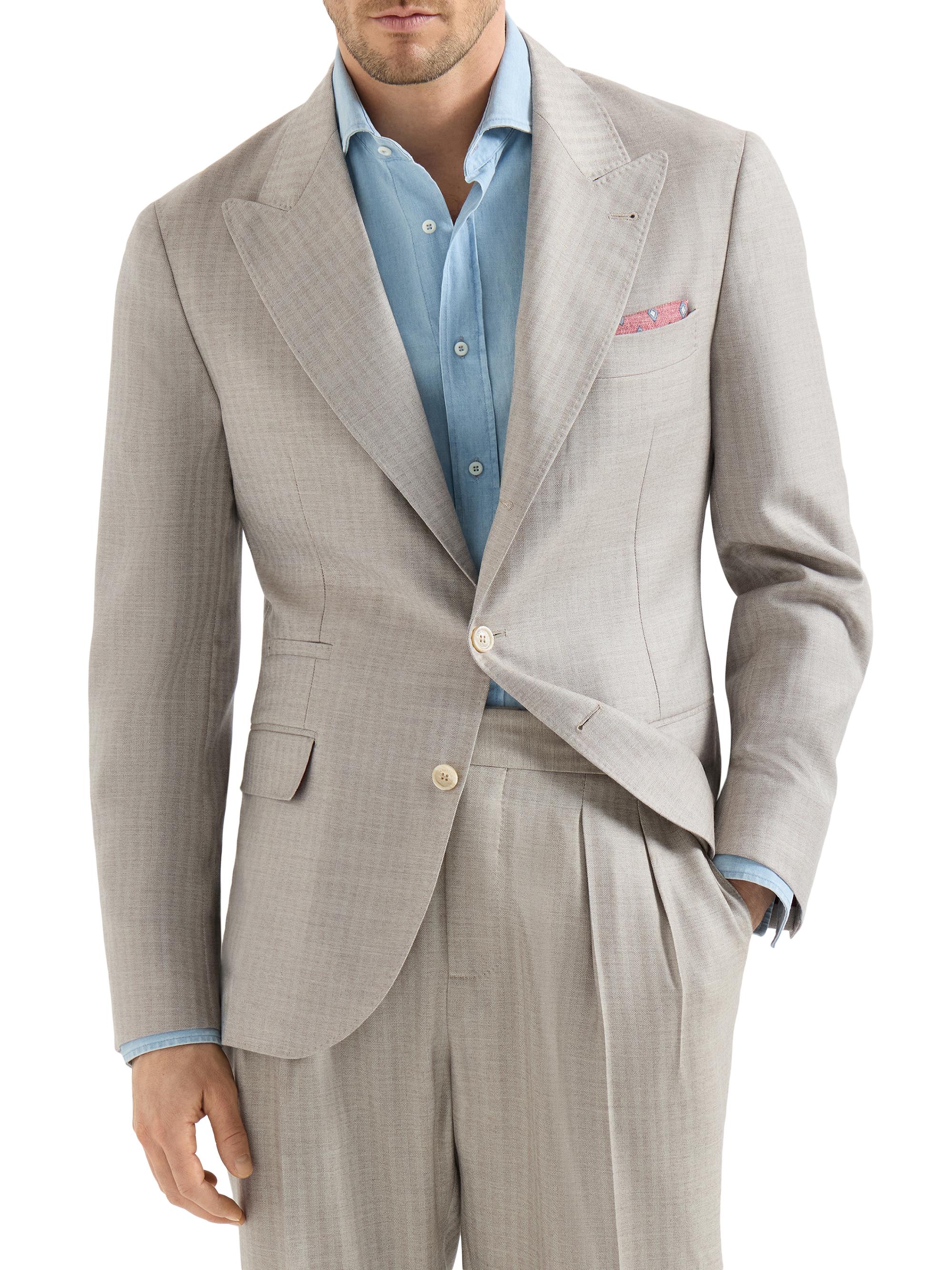 Brunello Cucinelli Men's Cashmere and Silk Chevron Deconstructed Blazer with Peak Lapels - Light Grey