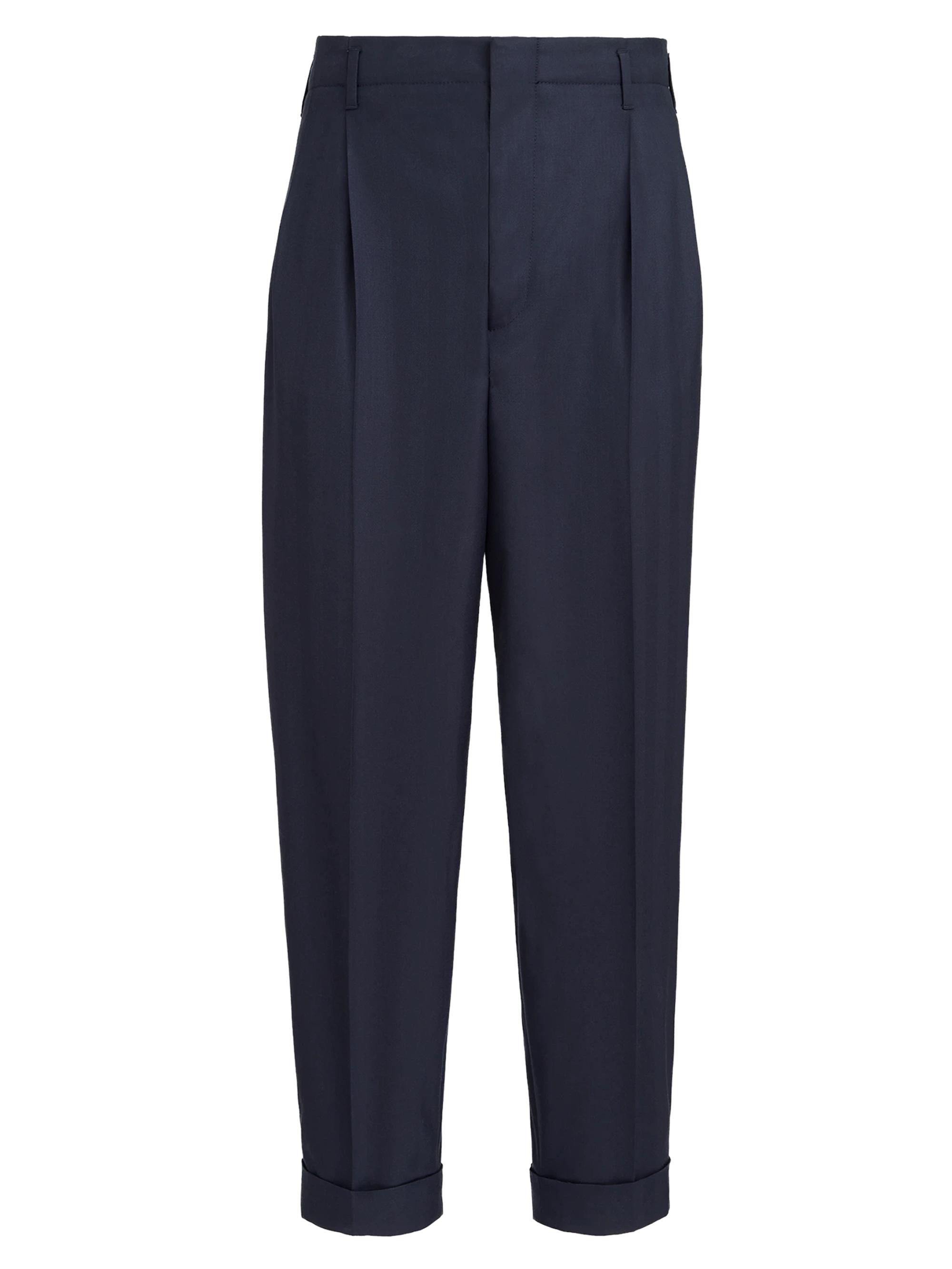 Brunello Cucinelli Men's Virgin Wool Chevron Trousers with Double Pleats - Navy Blue