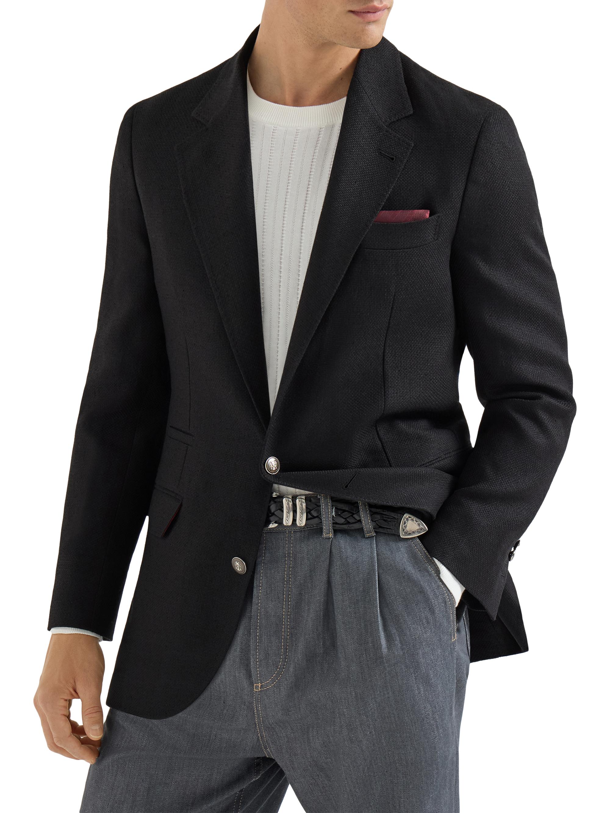 Brunello Cucinelli Men's Silk, Linen and Wool Hopsack Deconstructed Blazer - Black