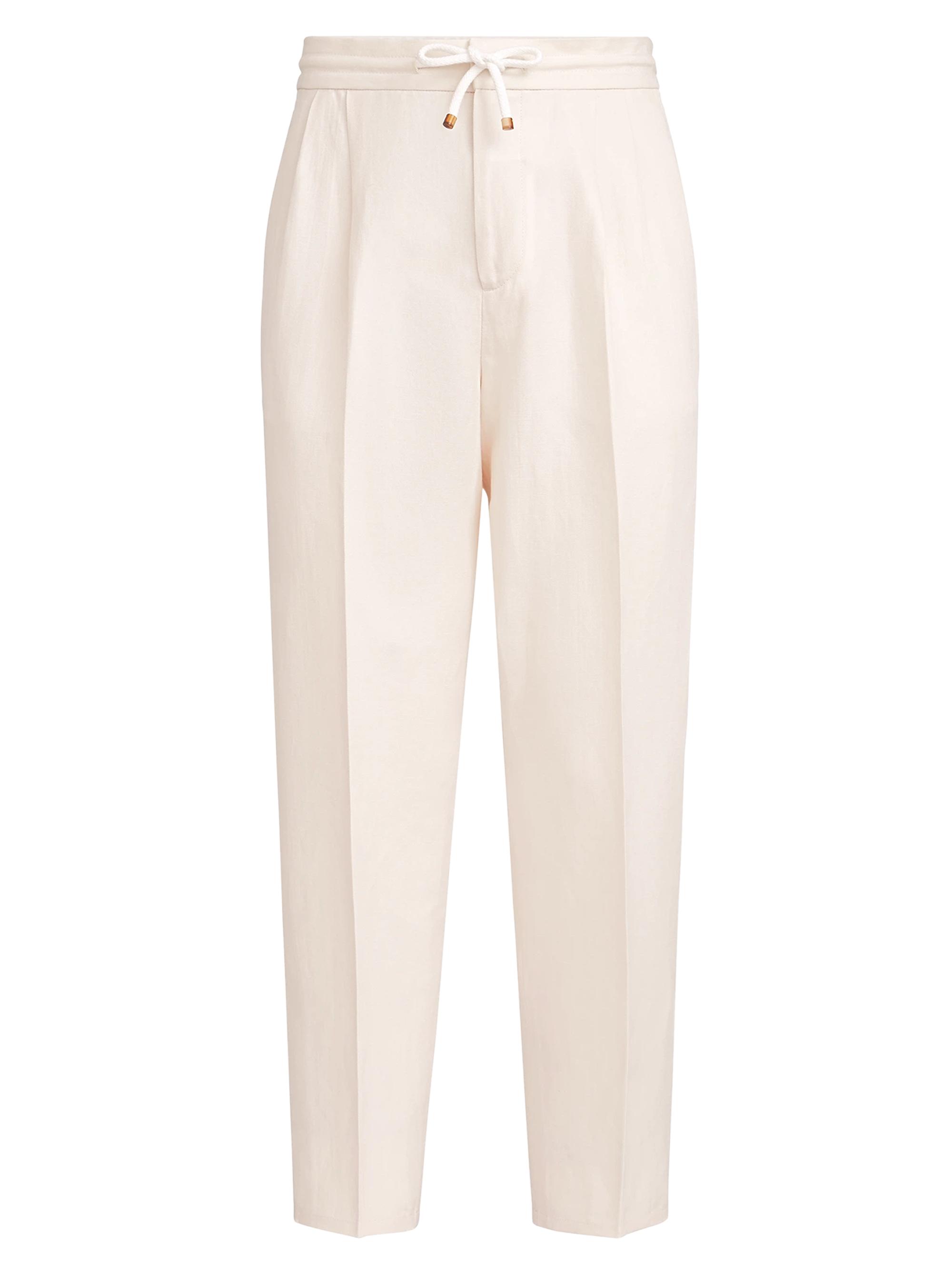 Brunello Cucinelli Men's Linen and Cotton Drill Trousers with Drawstring and Double Pleats - Off White