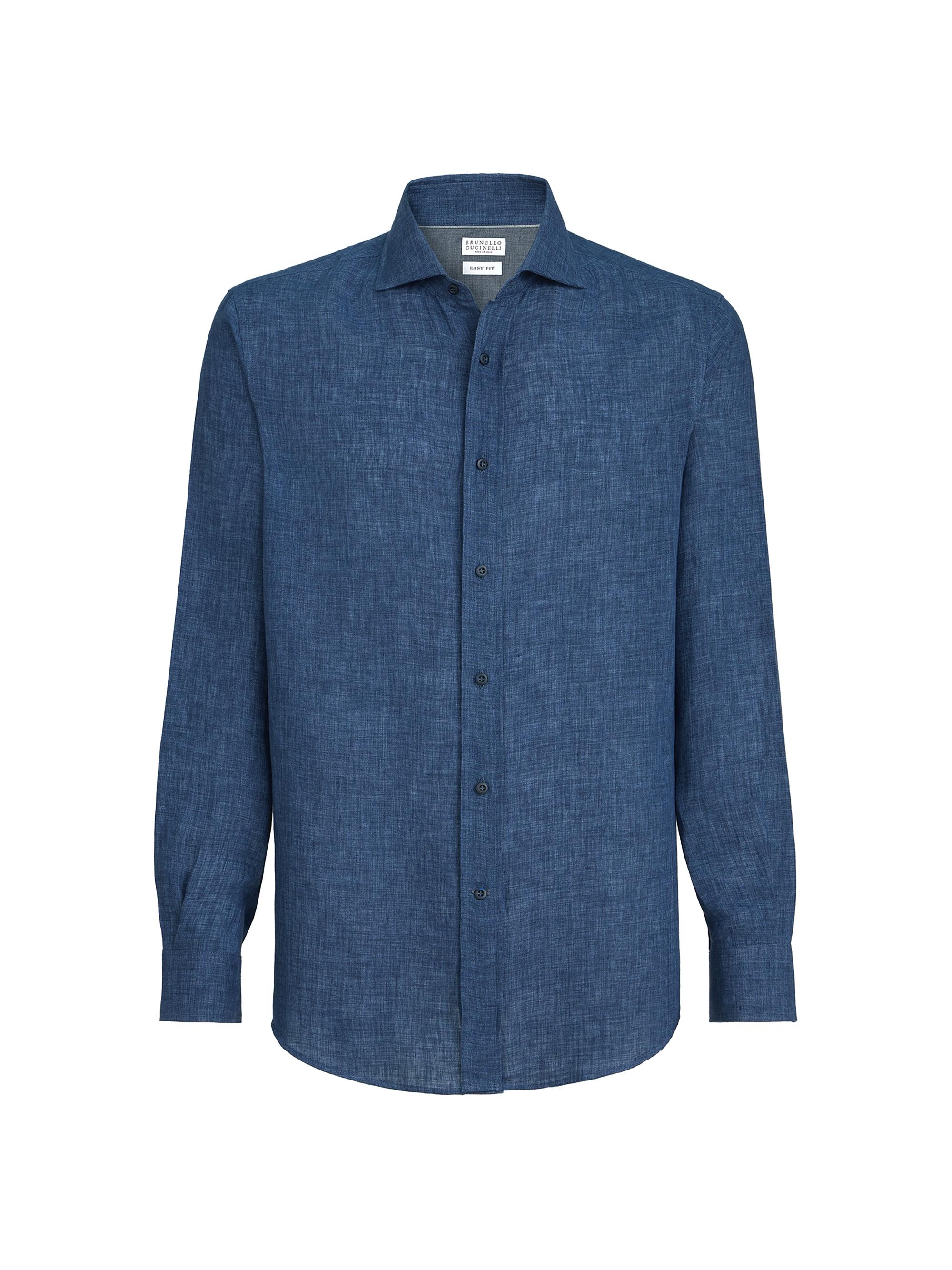 Brunello Cucinelli Men's Délavé Linen Easy Fit Shirt with Spread Collar - Navy Blue
