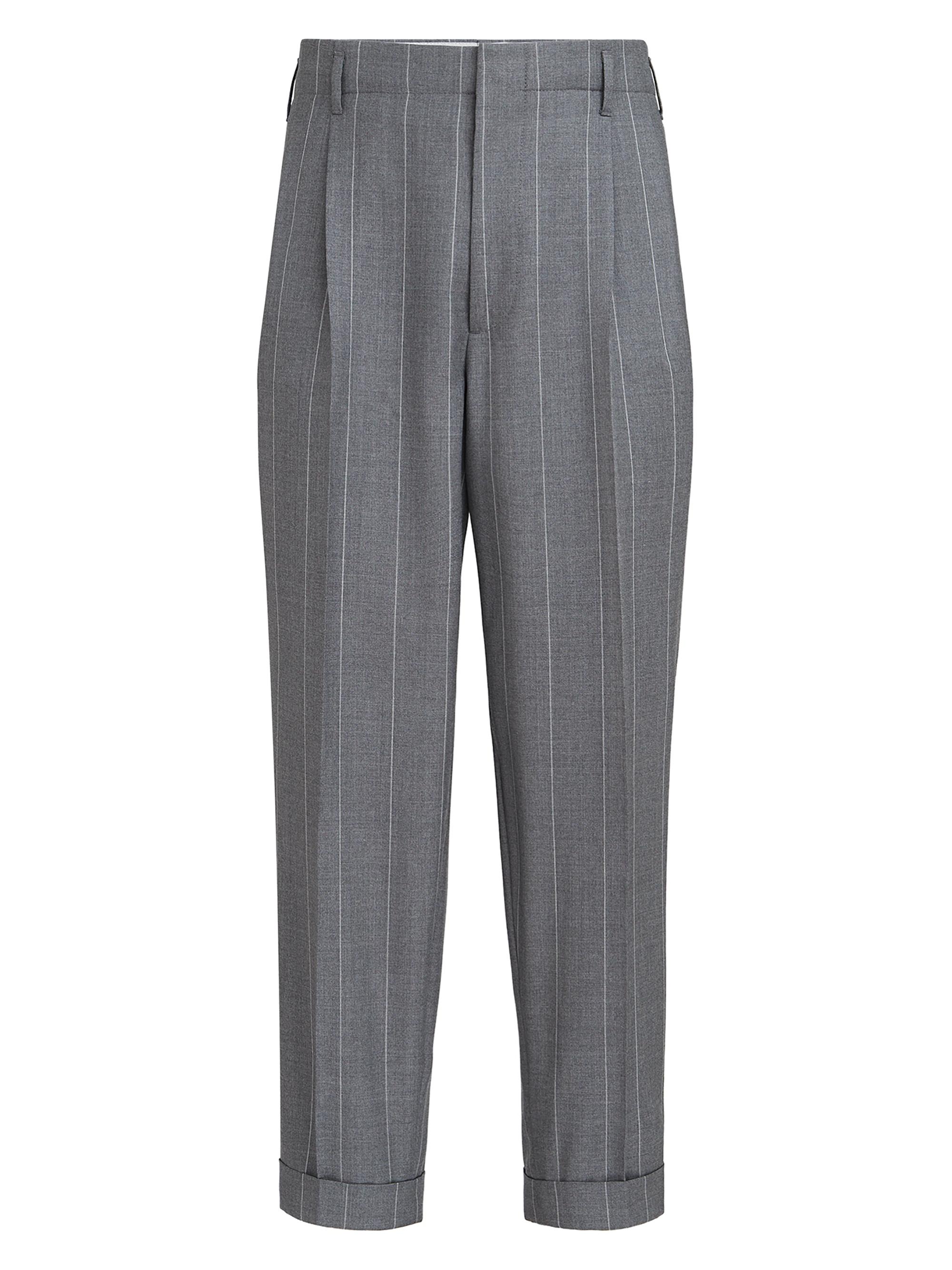 Brunello Cucinelli Men's Virgin Wool Chalk Stripe Trousers with Double Pleats - Medium Grey