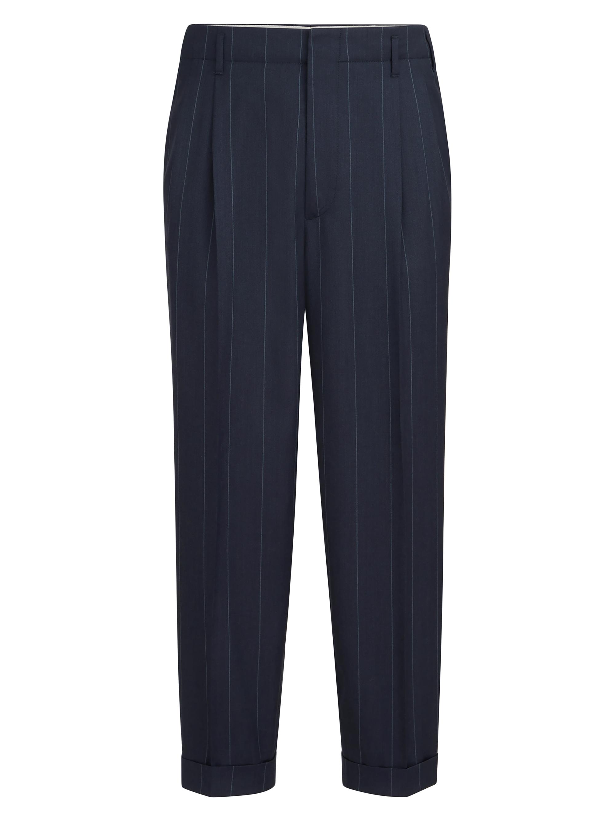 Brunello Cucinelli Men's Virgin Wool Chalk Stripe Trousers with Double Pleats - Navy Blue