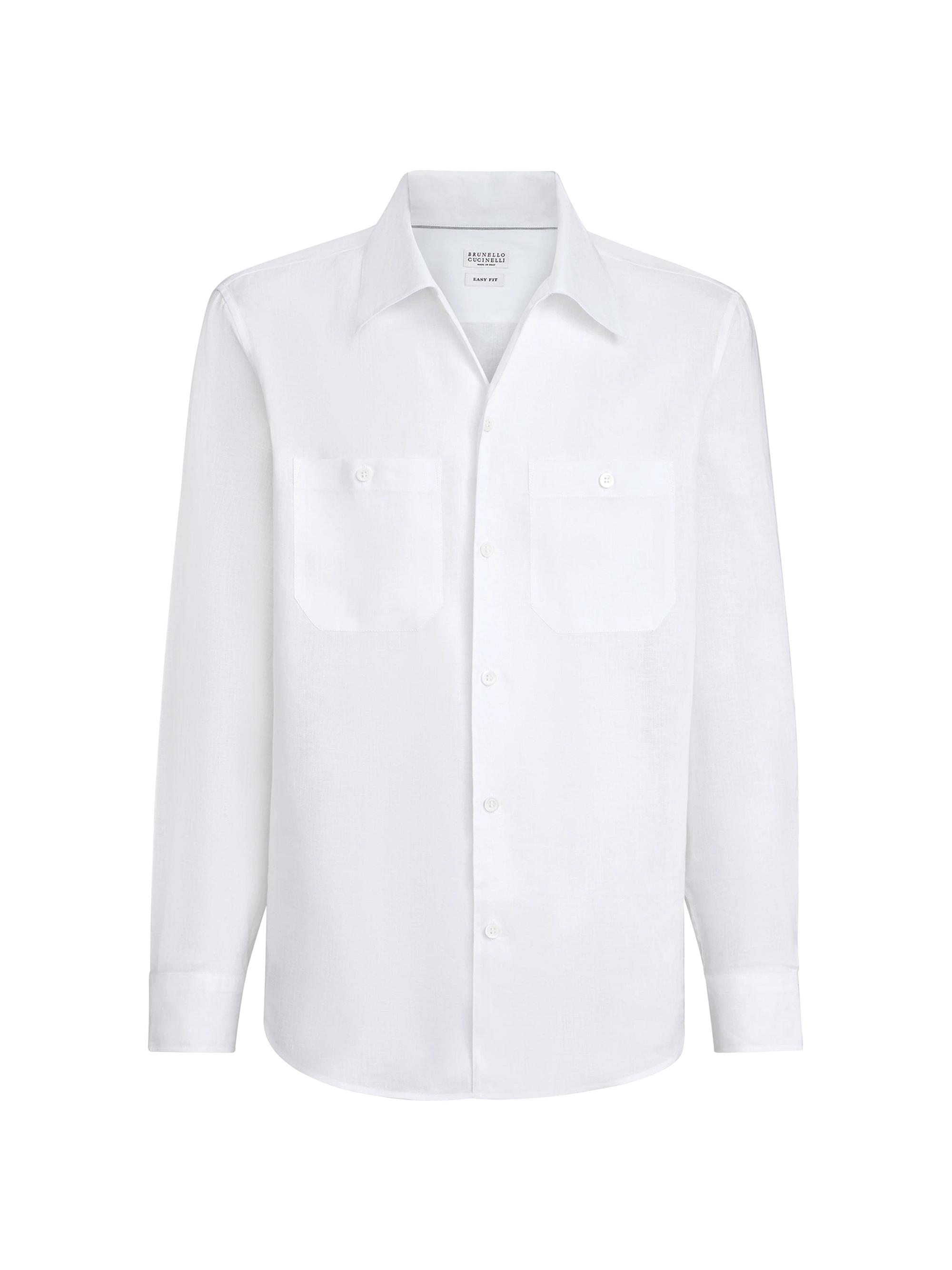 Brunello Cucinelli Men's Linen Easy Fit Shirt with Chest Pockets - White