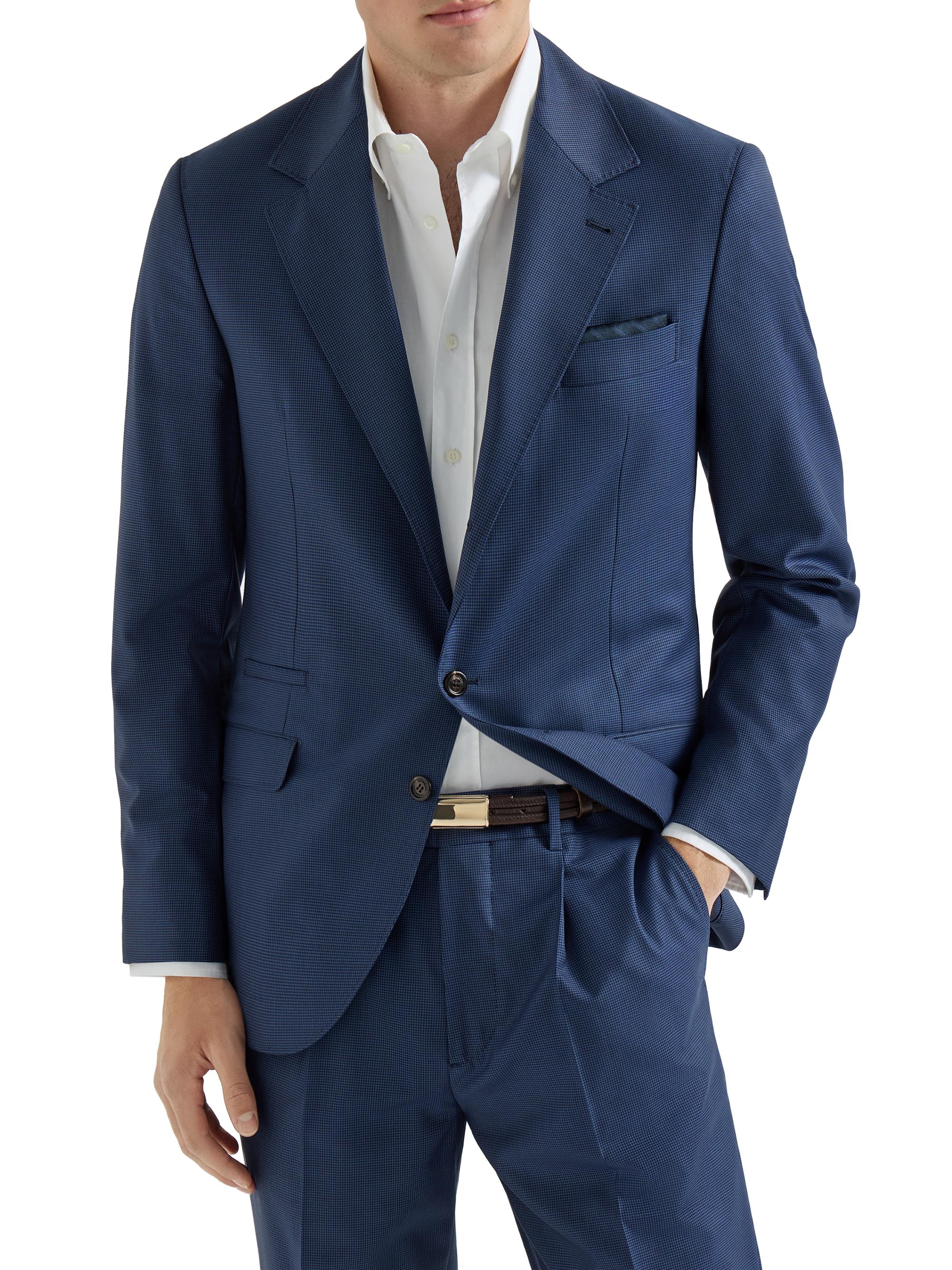 Brunello Cucinelli Men's Super 150s Virgin Wool Houndstooth Blazer - Navy Blue