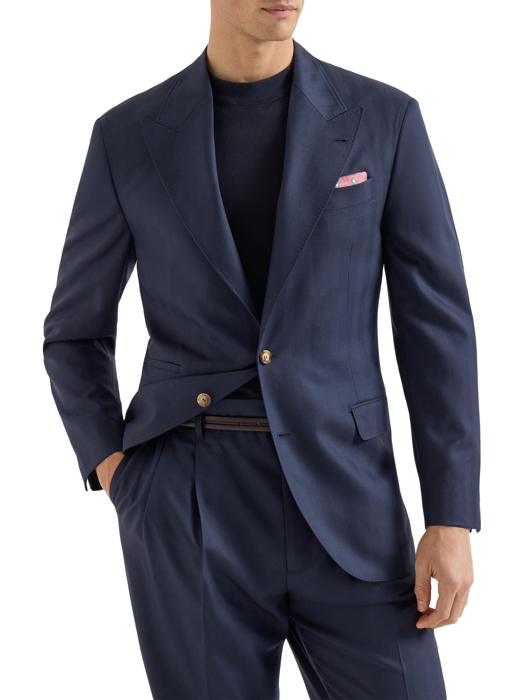 Brunello Cucinelli Men's Virgin Wool Chevron Tailor Blazer with Peak Lapels - Navy Blue