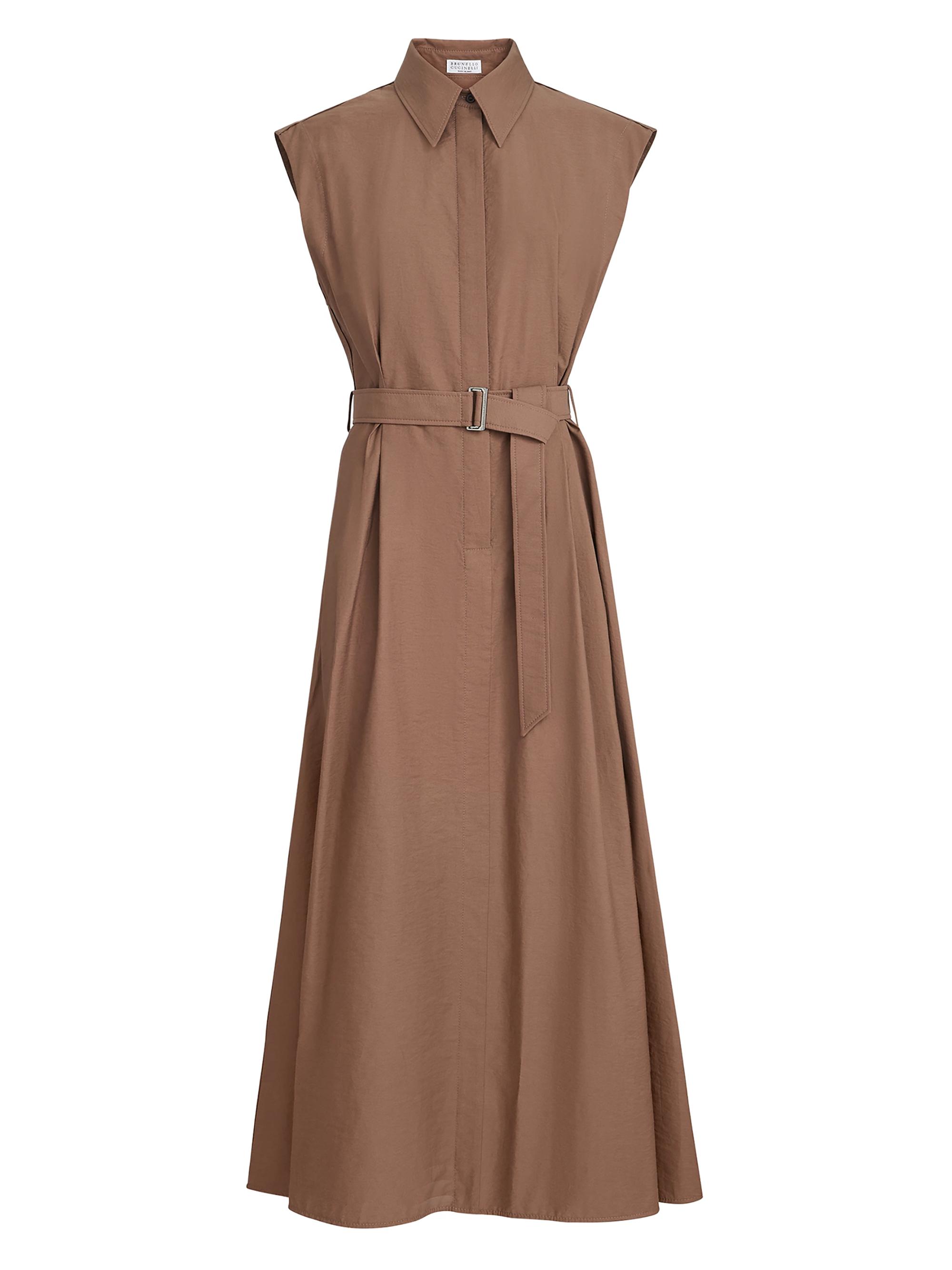 Brunello Cucinelli Women's Techno Cotton Texture Twill Belted Shirt Dress with Monili - Brown