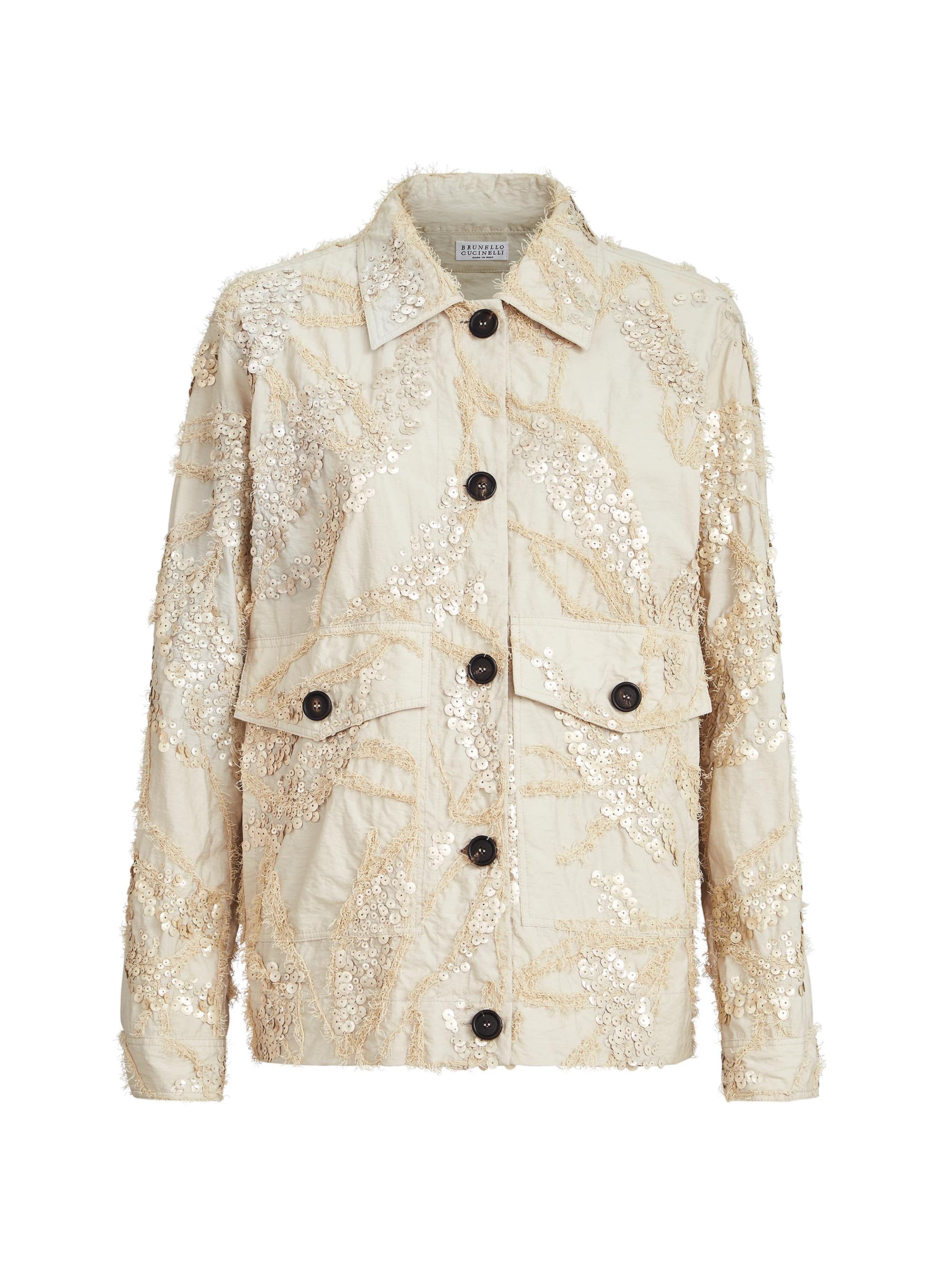 Brunello Cucinelli Women's Dazzling Seabed Embroidery Outerwear Jacket in Techno Cotton Poplin - Beige
