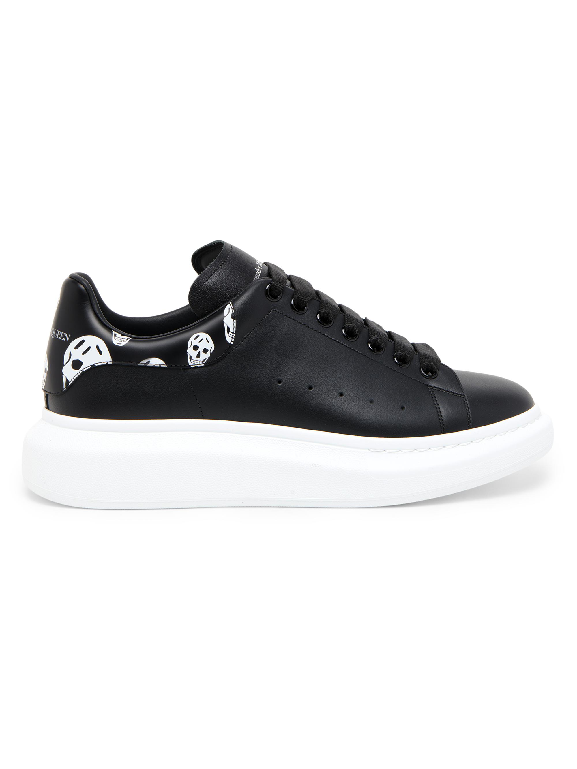 McQueen Men's Oversized Skull-Print Leather Low-Top Sneakers - Black White