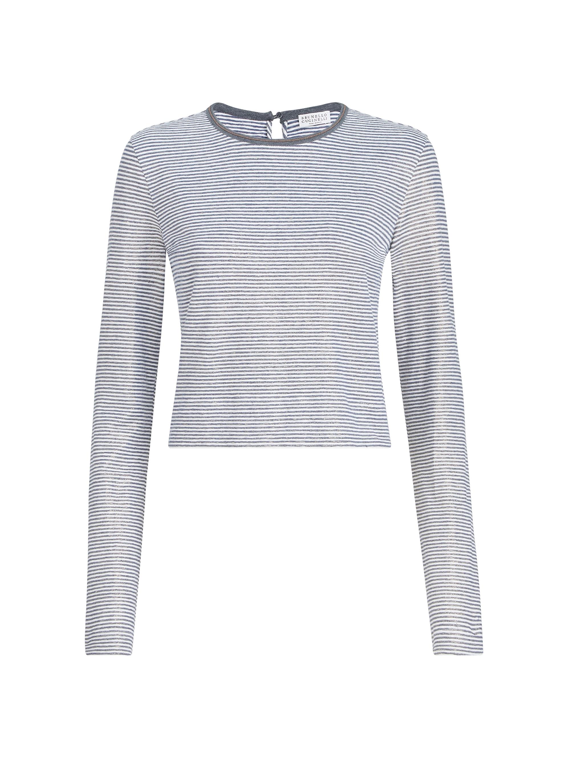 Brunello Cucinelli Women's Striped Linen Lamé Jersey Top with Shiny Trim - Blue