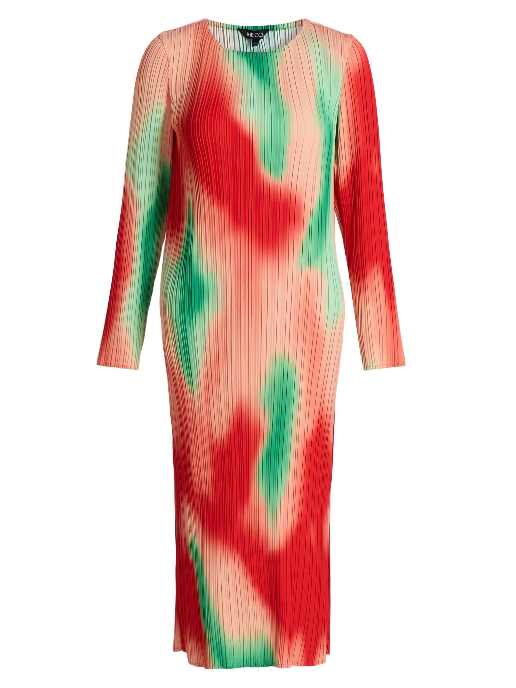 Misook Women's Micro-Pleated Printed Crepe Midi-Dress - Cherry Ember Peach Dream