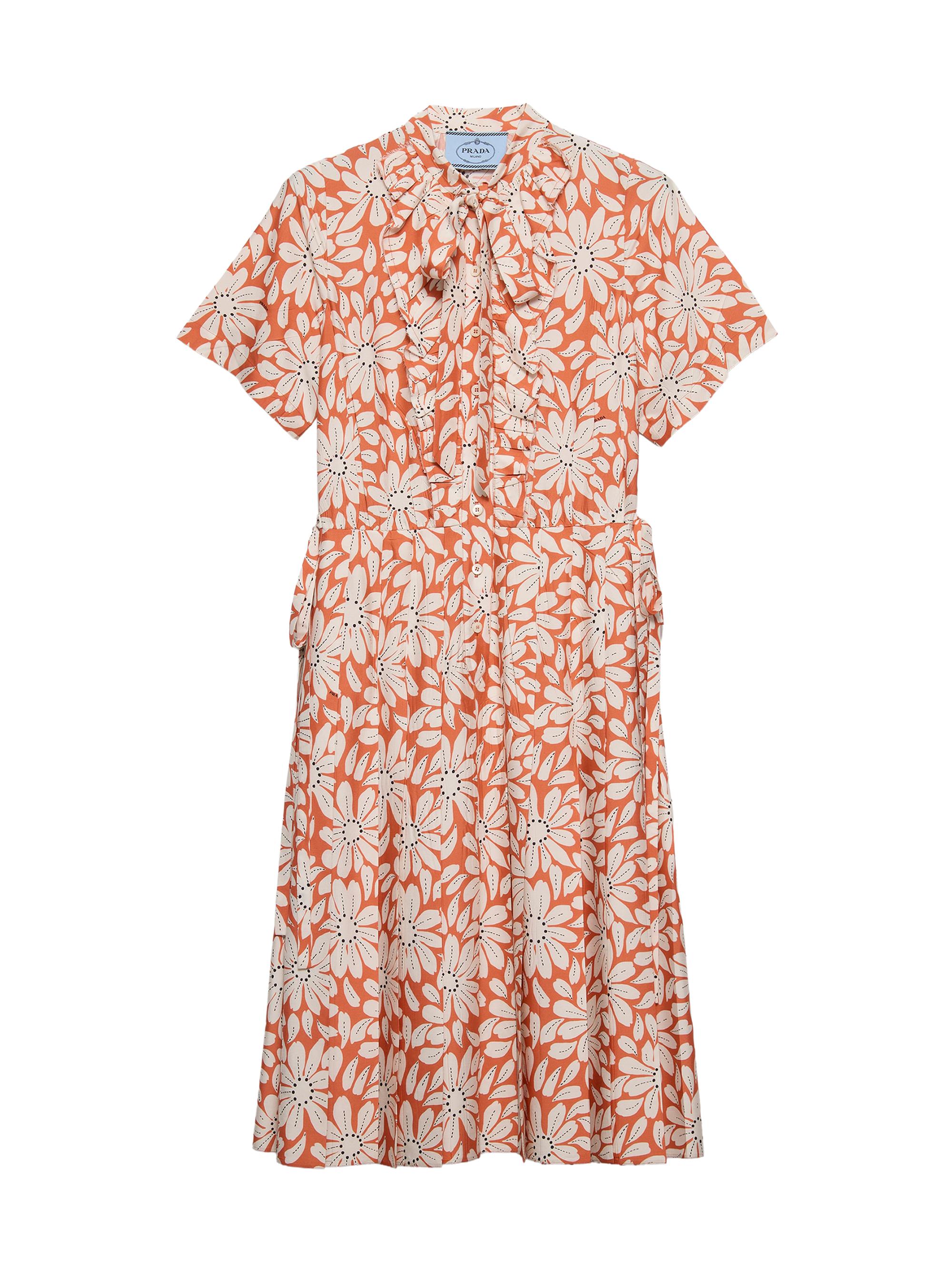 Prada Women's Printed Pleated Pongé Dress - Orange