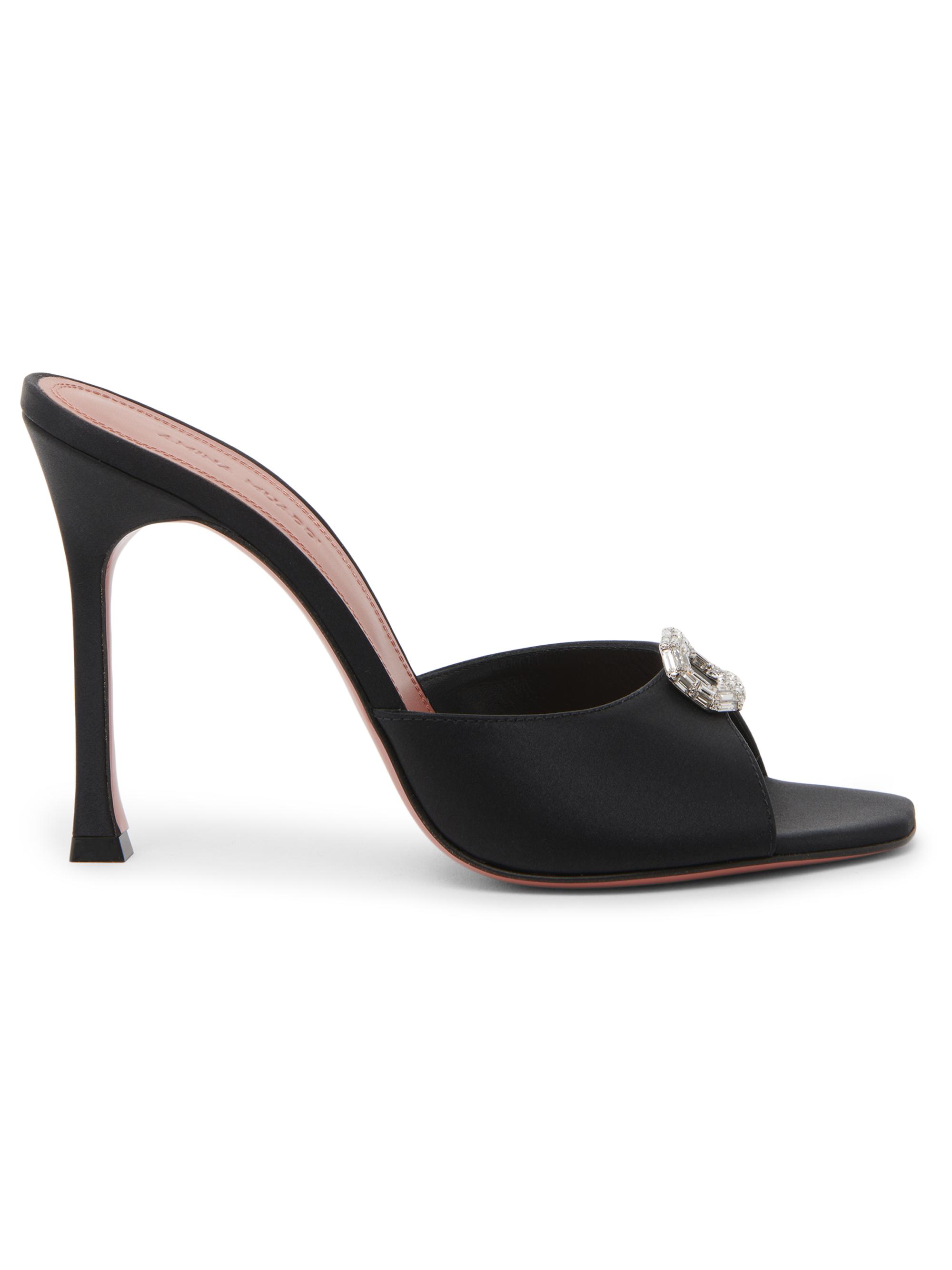 Amina Muaddi Women's Mini Camelia 105MM Crystal-Embellished Silk Mules - Black Satin White Crystal - Women's Clothing